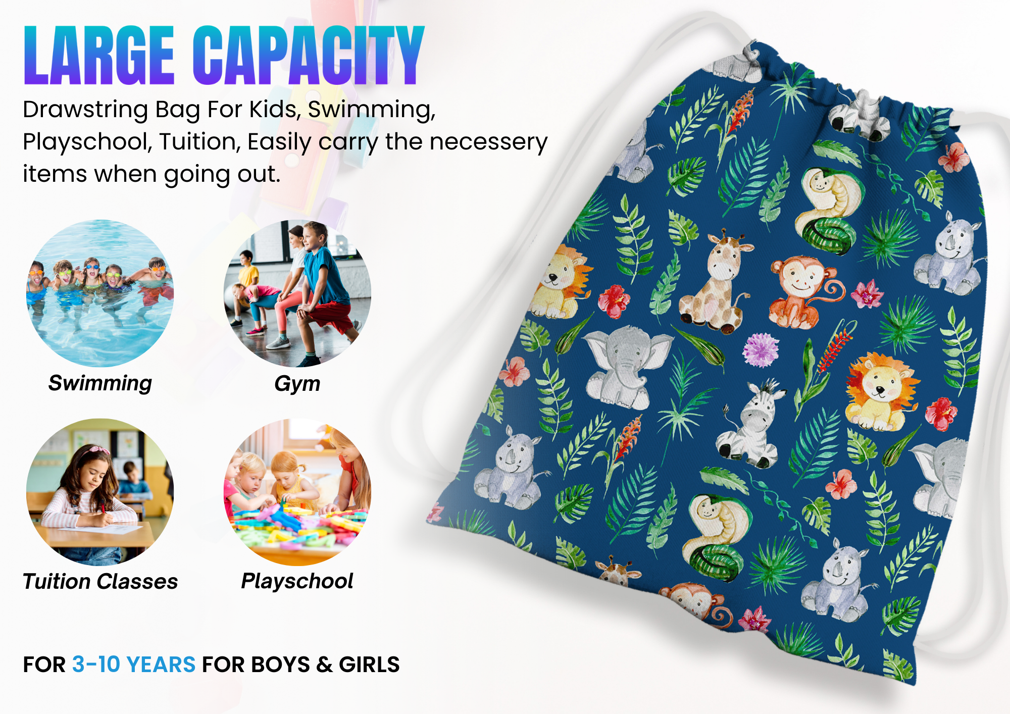 Baby of Mine Premium Waterproof Drawstring Backpack For Swimming Gym Yoga Tuition For 3-10 Years Girls And Boys - Jungle Animals Print