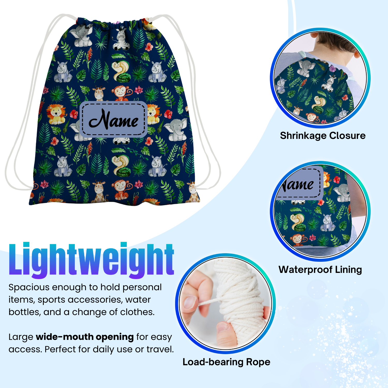 Baby of Mine Premium Waterproof Drawstring Backpack For Swimming Gym Yoga Tuition For 3-10 Years Girls And Boys - Jungle Animals Print