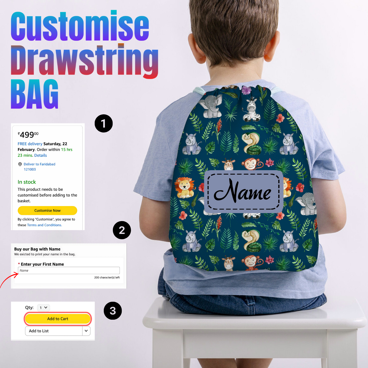 Baby of Mine Premium Waterproof Drawstring Backpack For Swimming Gym Yoga Tuition For 3-10 Years Girls And Boys - Jungle Animals Print