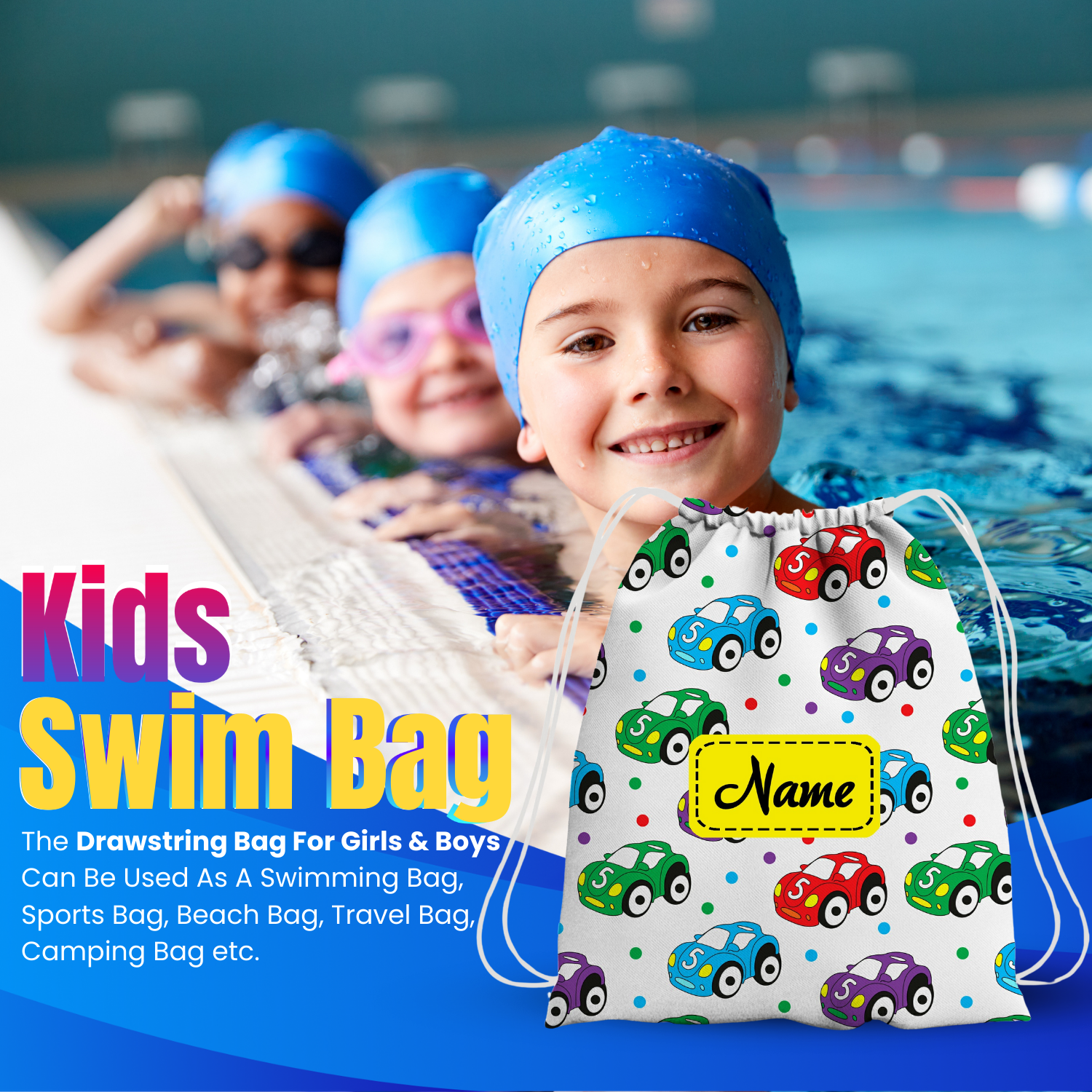 Baby of Mine Premium Waterproof Drawstring Backpack For Swimming Gym Yoga Tuition For 3-10 Years Girls And Boys - Colourful Cars Print