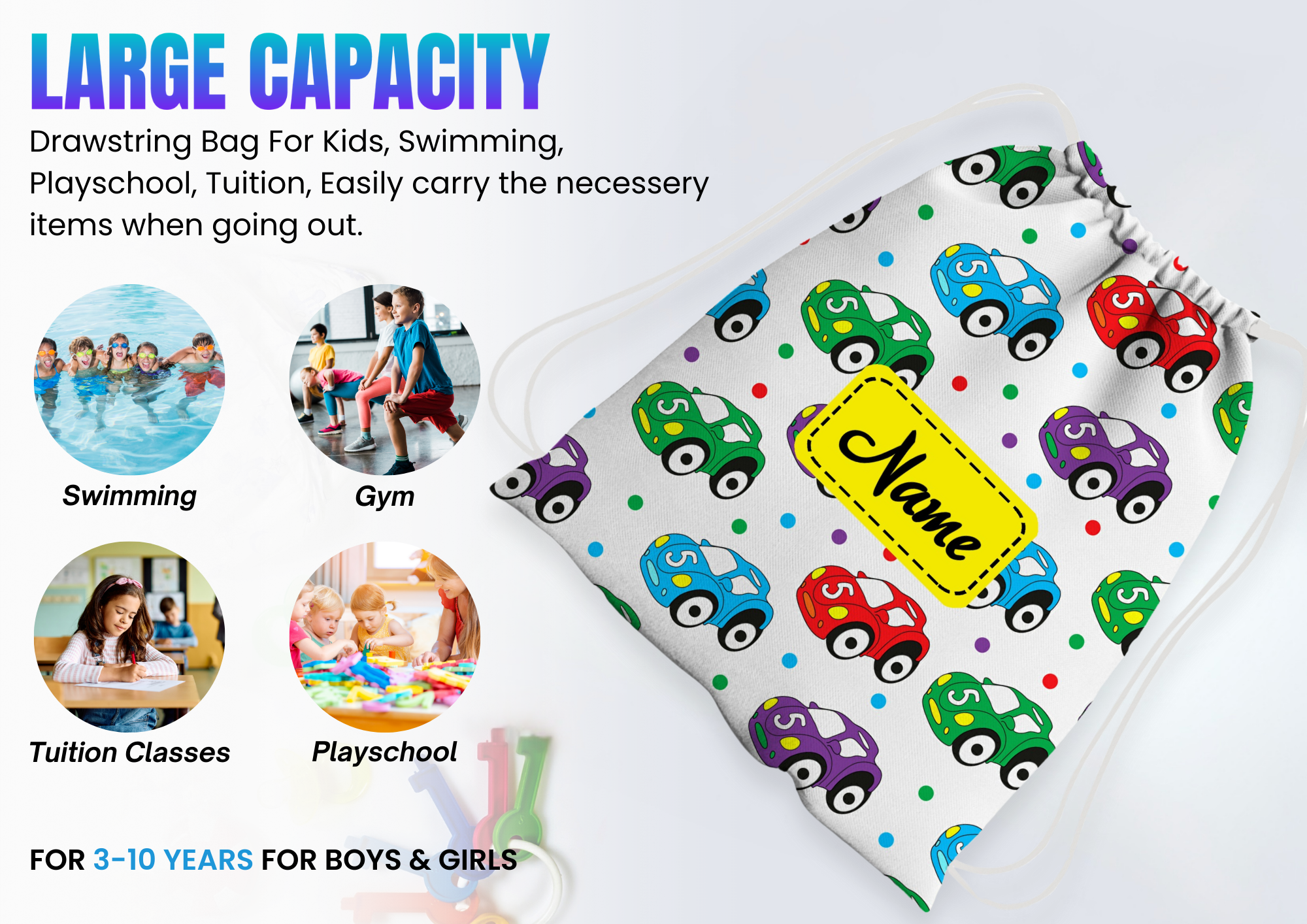 Baby of Mine Premium Waterproof Drawstring Backpack For Swimming Gym Yoga Tuition For 3-10 Years Girls And Boys - Colourful Cars Print