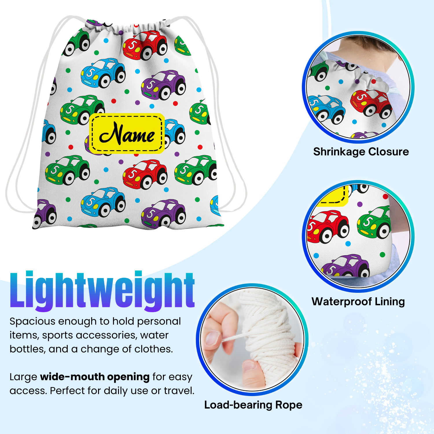 Baby of Mine Premium Waterproof Drawstring Backpack For Swimming Gym Yoga Tuition For 3-10 Years Girls And Boys - Colourful Cars Print