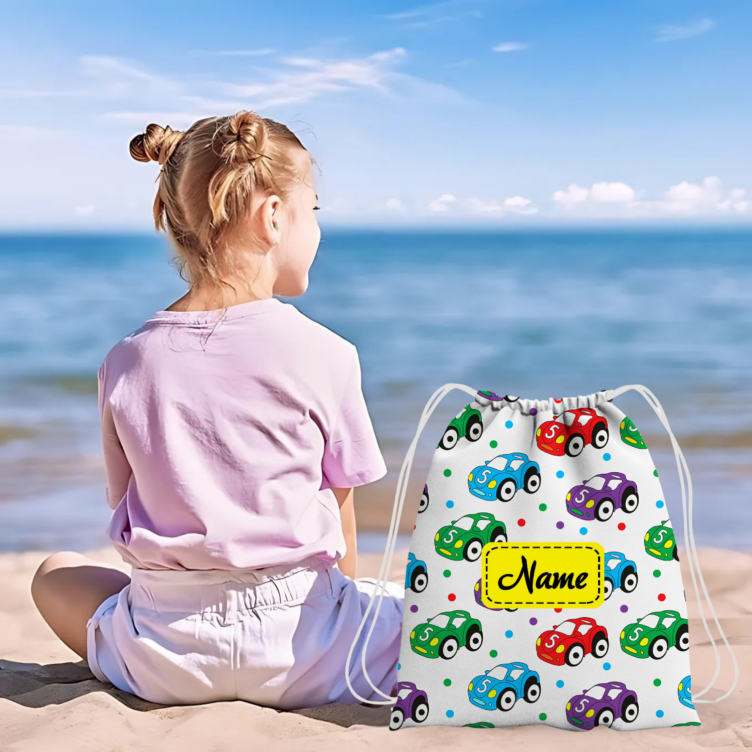 Baby of Mine Premium Waterproof Drawstring Backpack For Swimming Gym Yoga Tuition For 3-10 Years Girls And Boys - Colourful Cars Print