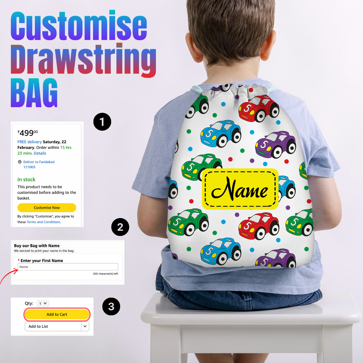 Baby of Mine Premium Waterproof Drawstring Backpack For Swimming Gym Yoga Tuition For 3-10 Years Girls And Boys - Colourful Cars Print