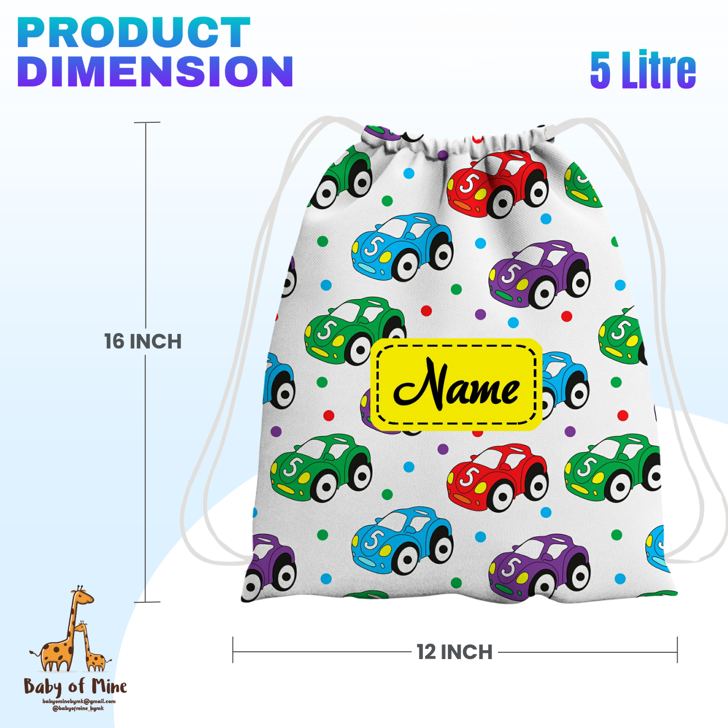 Baby of Mine Premium Waterproof Drawstring Backpack For Swimming Gym Yoga Tuition For 3-10 Years Girls And Boys - Colourful Cars Print