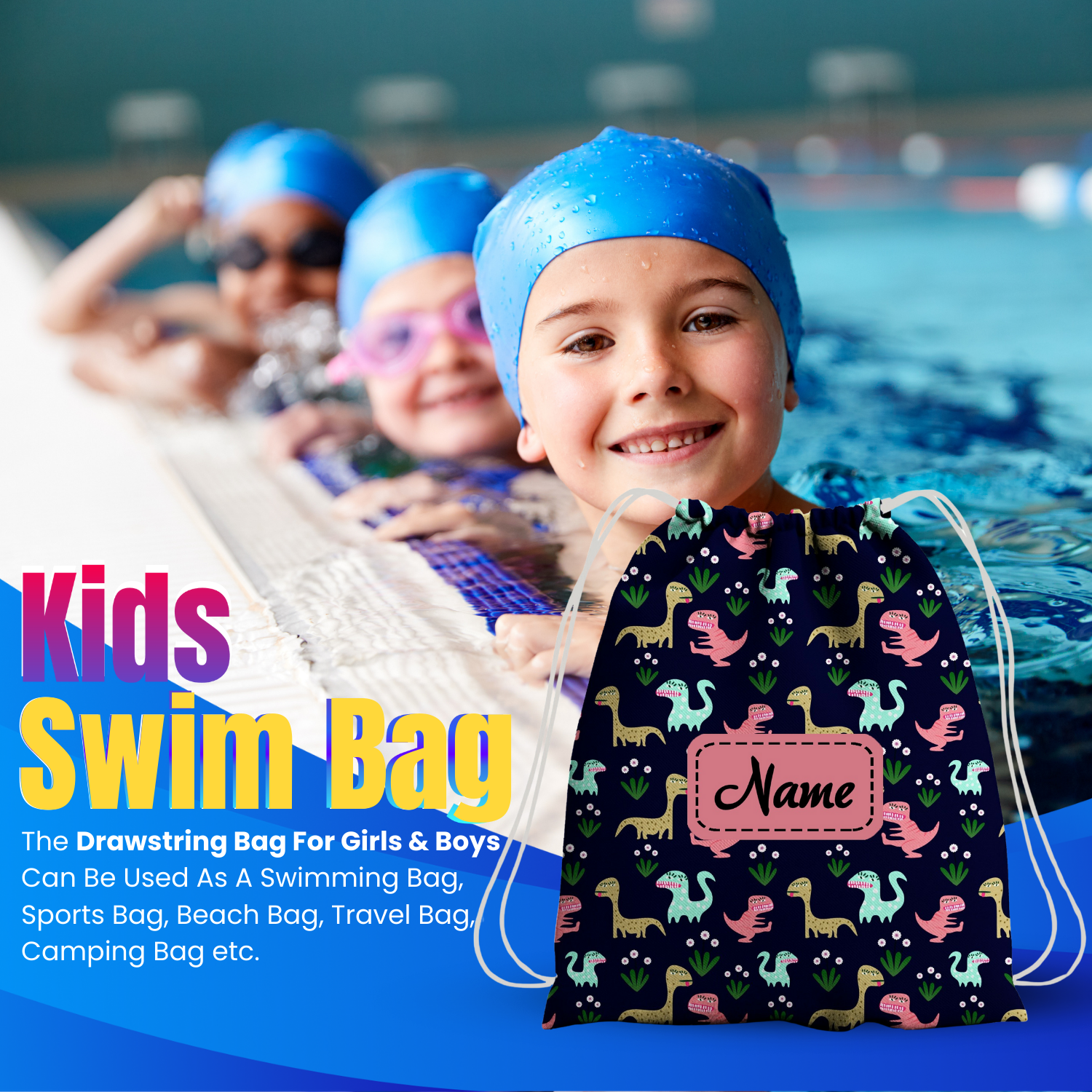 Baby of Mine Premium Waterproof Drawstring Backpack For Swimming Gym Yoga Tuition For 3-10 Years Girls And Boys - Dinosaur Park Print