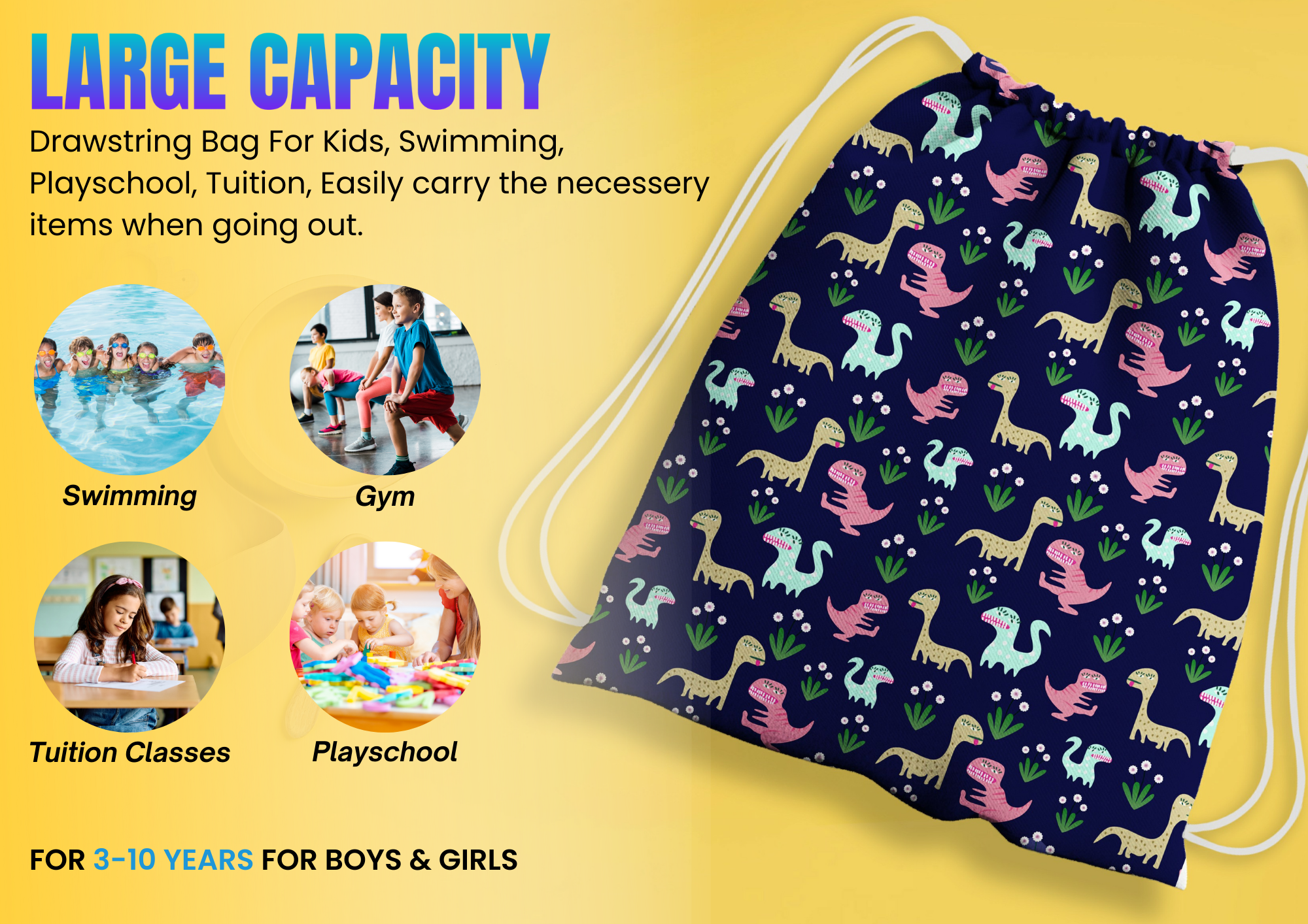 Baby of Mine Premium Waterproof Drawstring Backpack For Swimming Gym Yoga Tuition For 3-10 Years Girls And Boys - Dinosaur Park Print