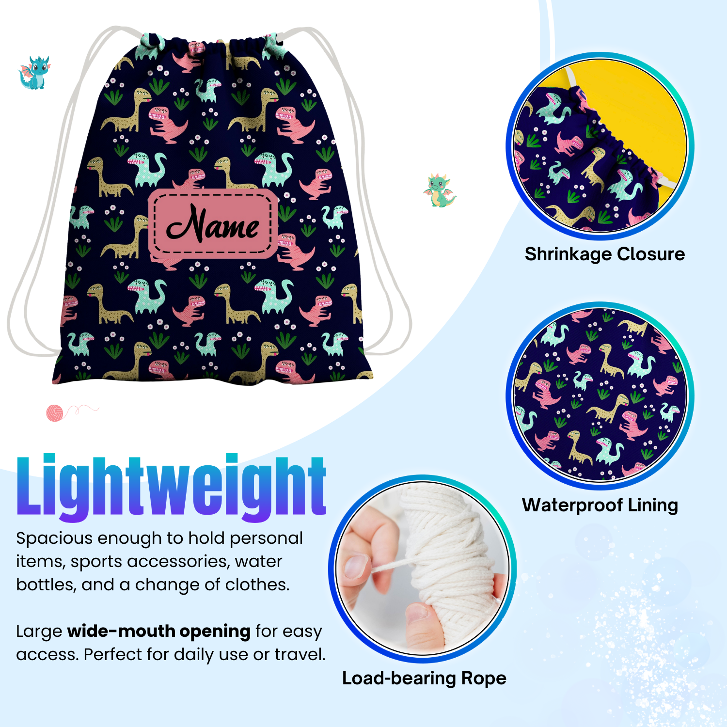 Baby of Mine Premium Waterproof Drawstring Backpack For Swimming Gym Yoga Tuition For 3-10 Years Girls And Boys - Dinosaur Park Print