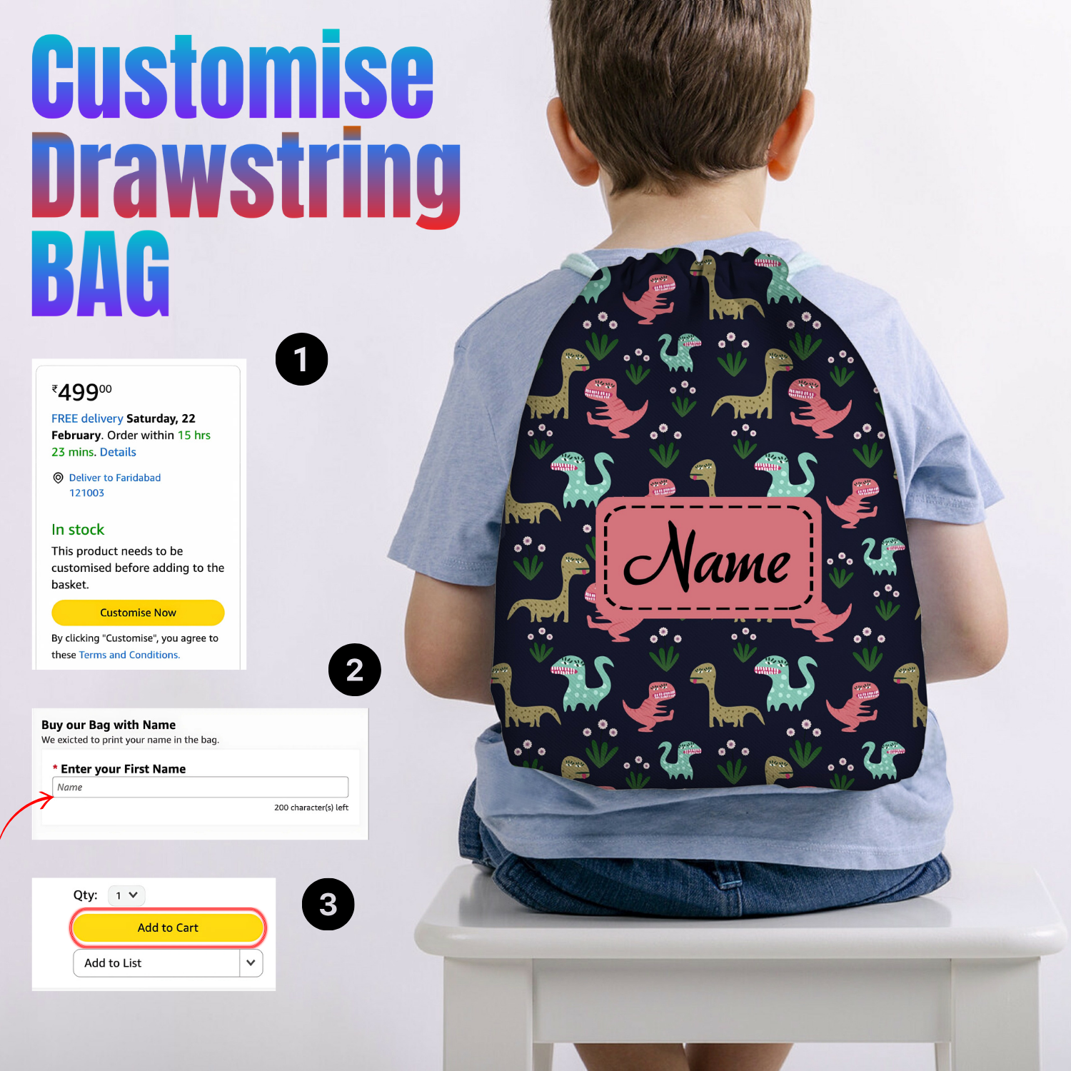Baby of Mine Premium Waterproof Drawstring Backpack For Swimming Gym Yoga Tuition For 3-10 Years Girls And Boys - Dinosaur Park Print