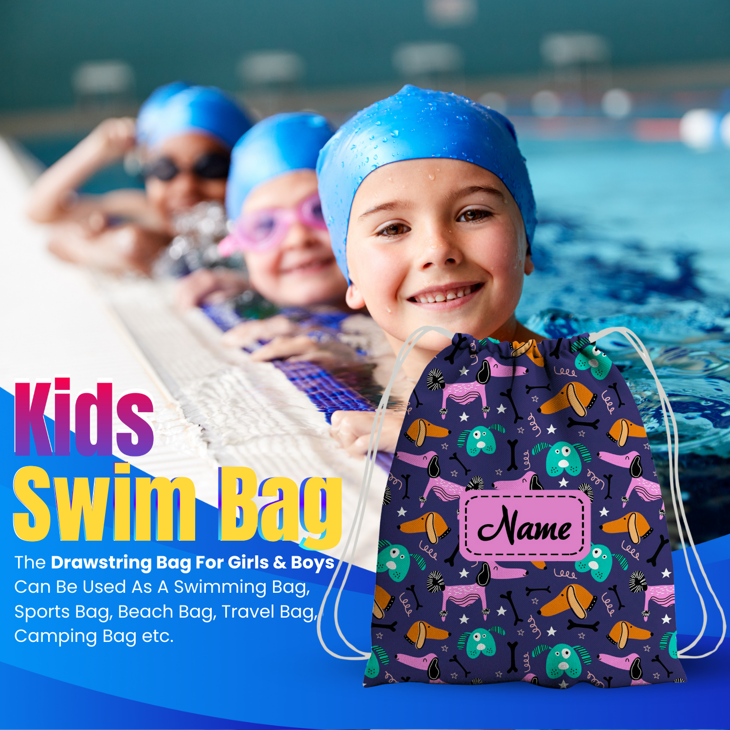 Baby of Mine Premium Waterproof Drawstring Backpack For Swimming Gym Yoga Tuition For 3-10 Years Girls And Boys - Wiener Dog Print