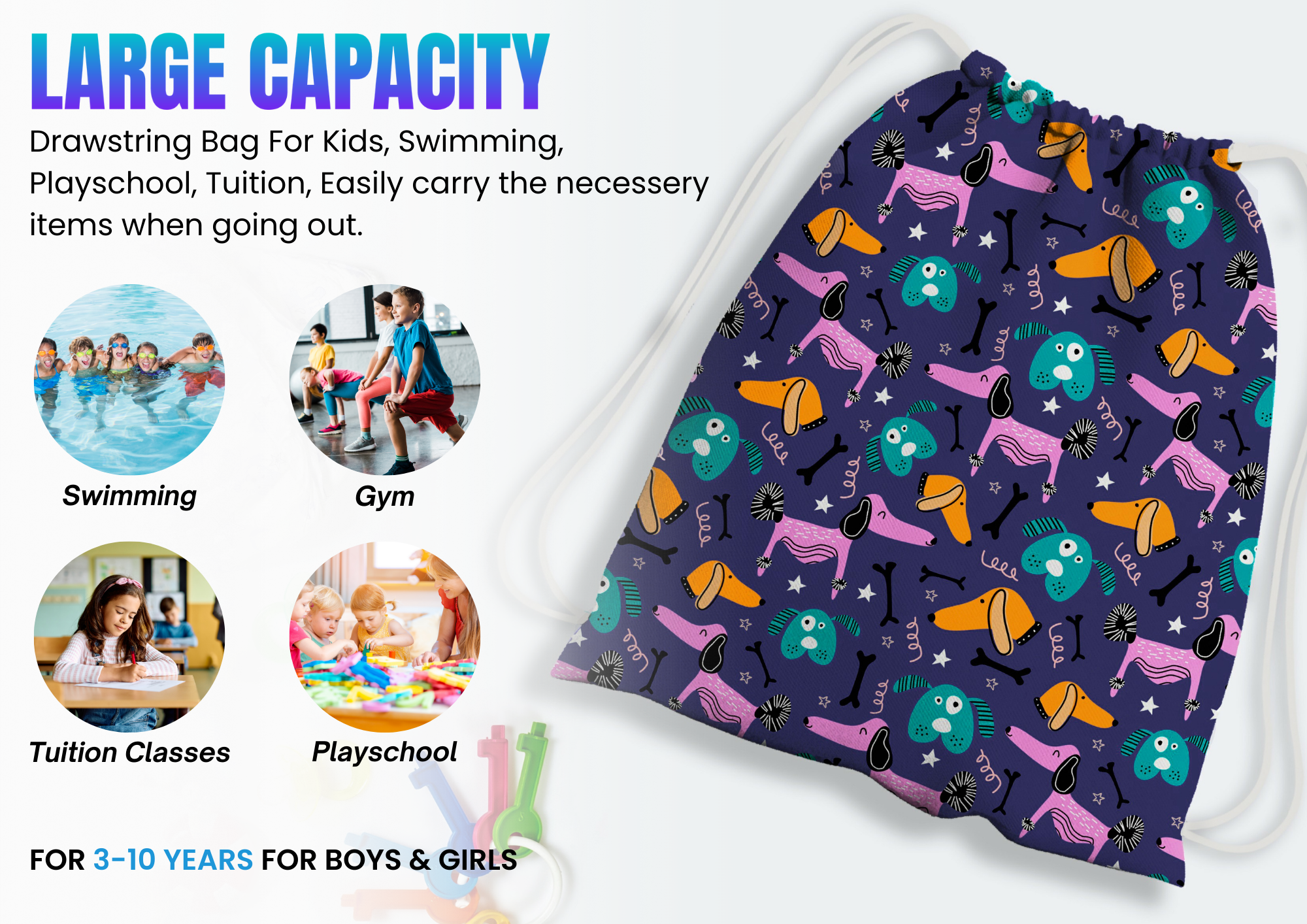 Baby of Mine Premium Waterproof Drawstring Backpack For Swimming Gym Yoga Tuition For 3-10 Years Girls And Boys - Wiener Dog Print