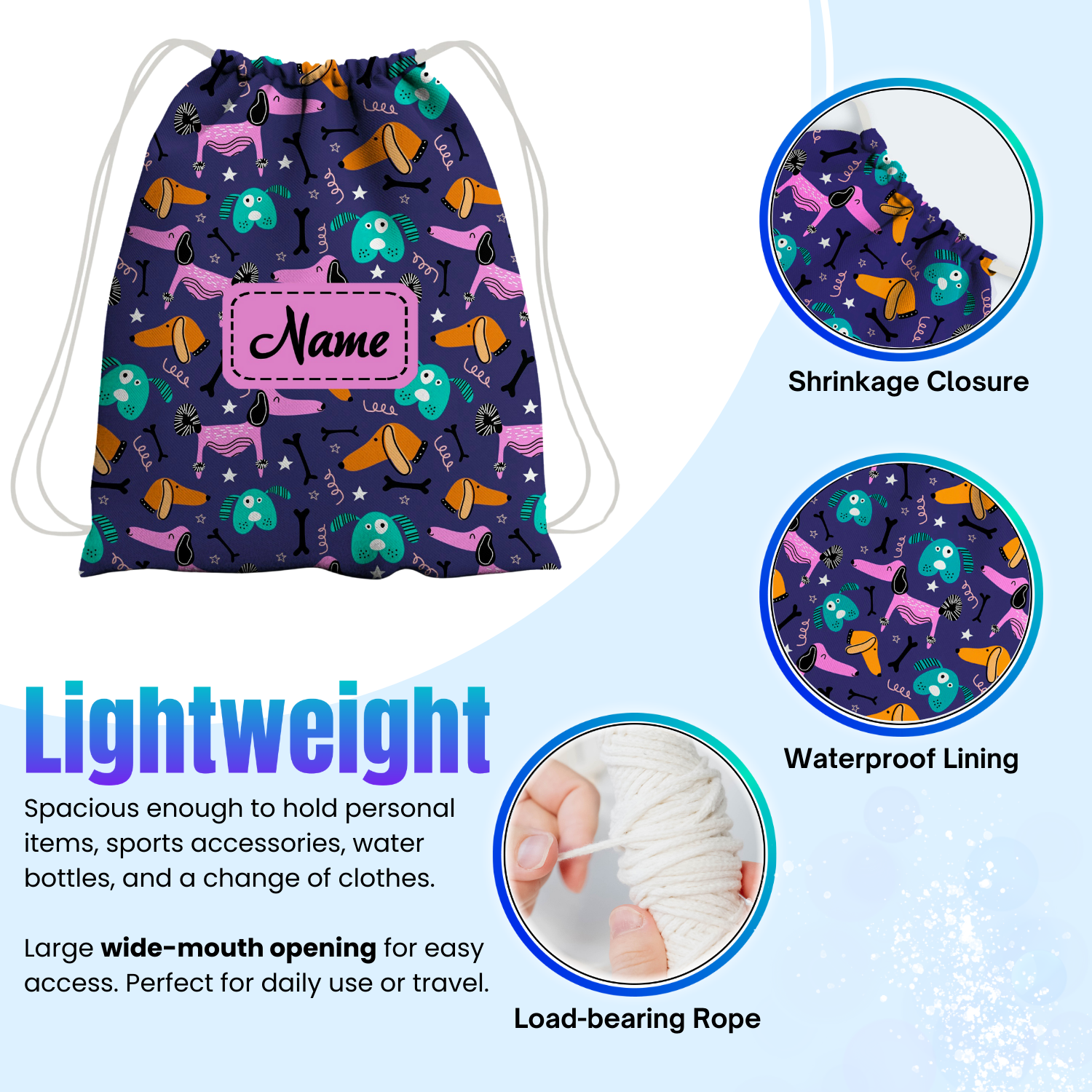 Baby of Mine Premium Waterproof Drawstring Backpack For Swimming Gym Yoga Tuition For 3-10 Years Girls And Boys - Wiener Dog Print