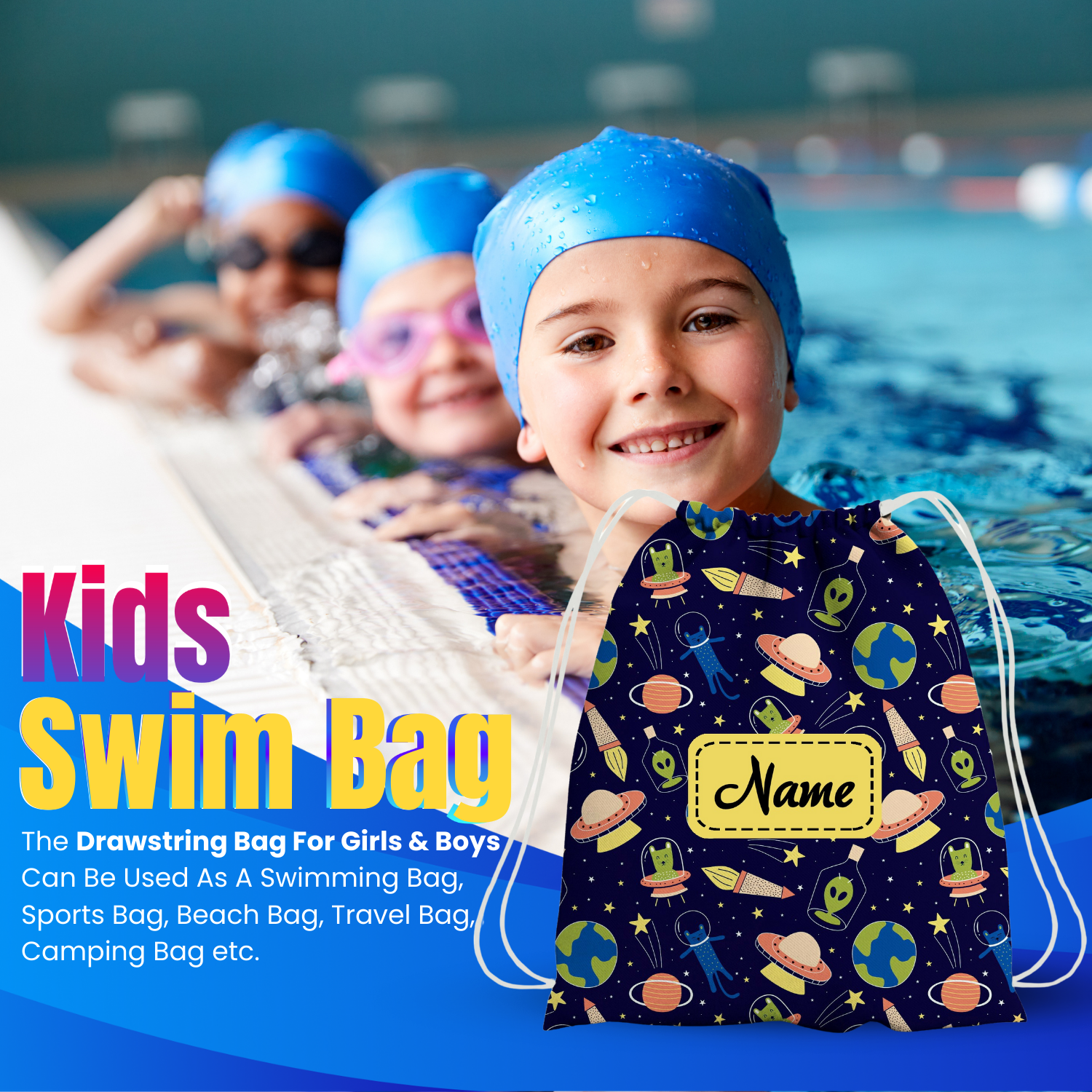 Baby of Mine Premium Waterproof Drawstring Backpack For Swimming Gym Yoga Tuition For 3-10 Years Girls And Boys - Space Station Print