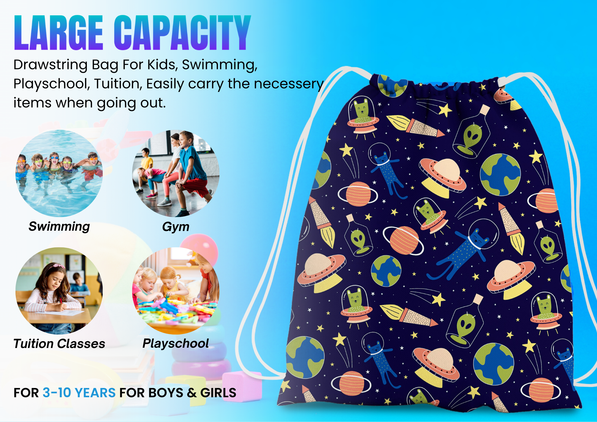 Baby of Mine Premium Waterproof Drawstring Backpack For Swimming Gym Yoga Tuition For 3-10 Years Girls And Boys - Space Station Print