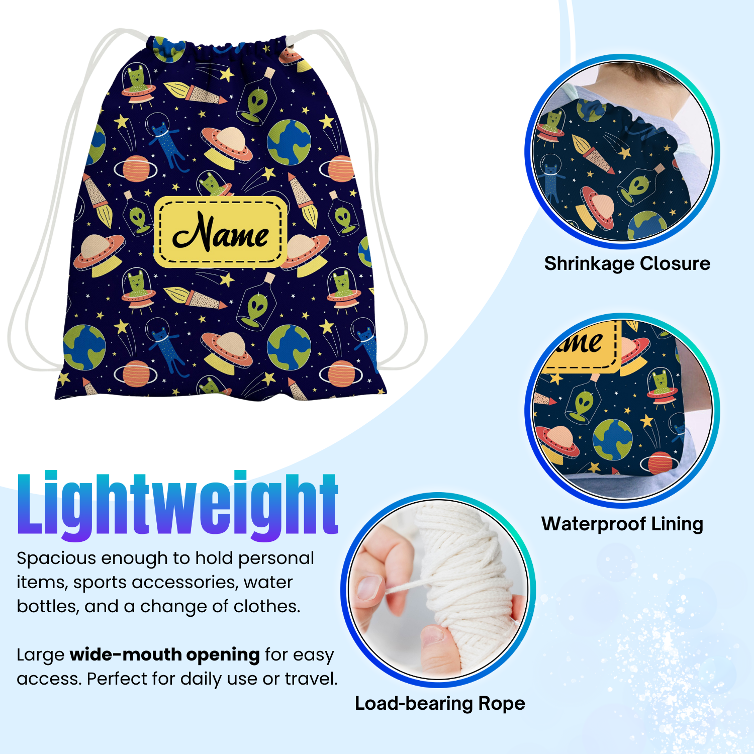 Baby of Mine Premium Waterproof Drawstring Backpack For Swimming Gym Yoga Tuition For 3-10 Years Girls And Boys - Space Station Print