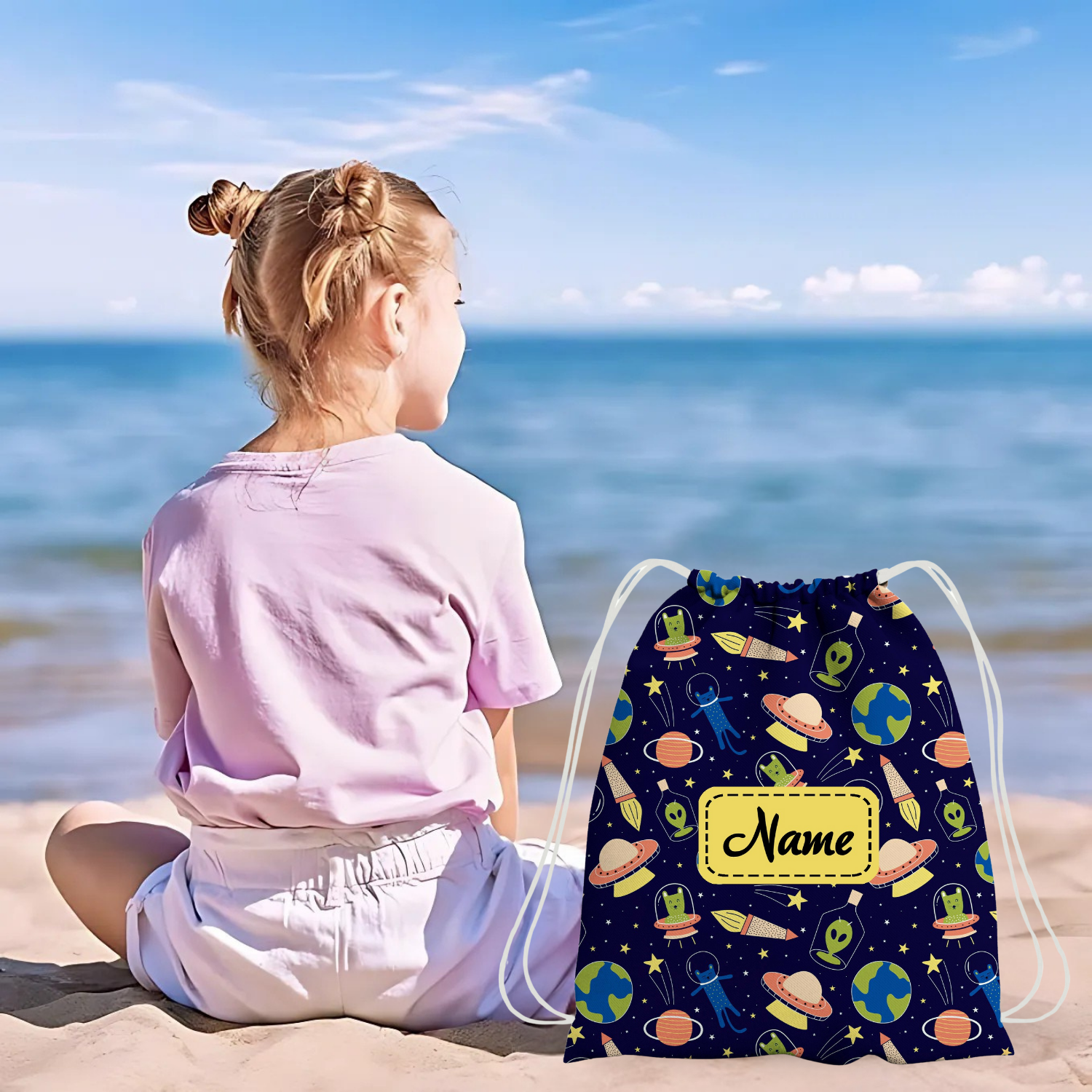 Baby of Mine Premium Waterproof Drawstring Backpack For Swimming Gym Yoga Tuition For 3-10 Years Girls And Boys - Space Station Print