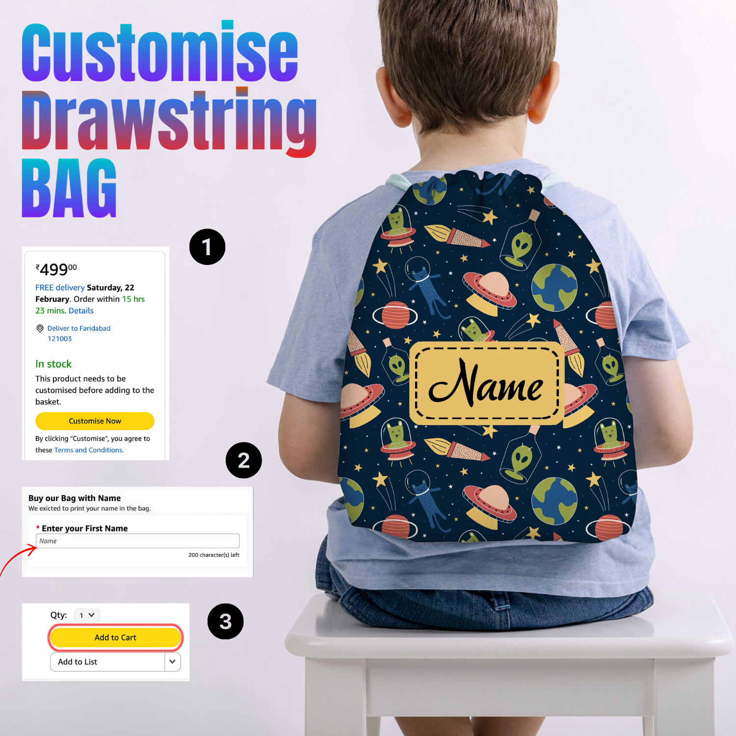 Baby of Mine Premium Waterproof Drawstring Backpack For Swimming Gym Yoga Tuition For 3-10 Years Girls And Boys - Space Station Print