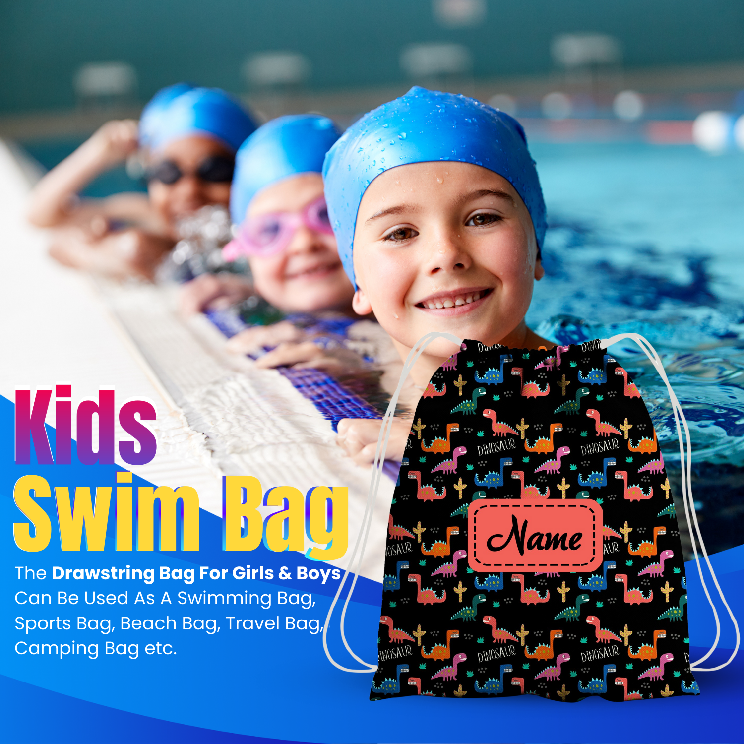 Baby of Mine Premium Waterproof Drawstring Backpack For Swimming Gym Yoga Tuition For 3-10 Years Girls And Boys - T-Rex Print