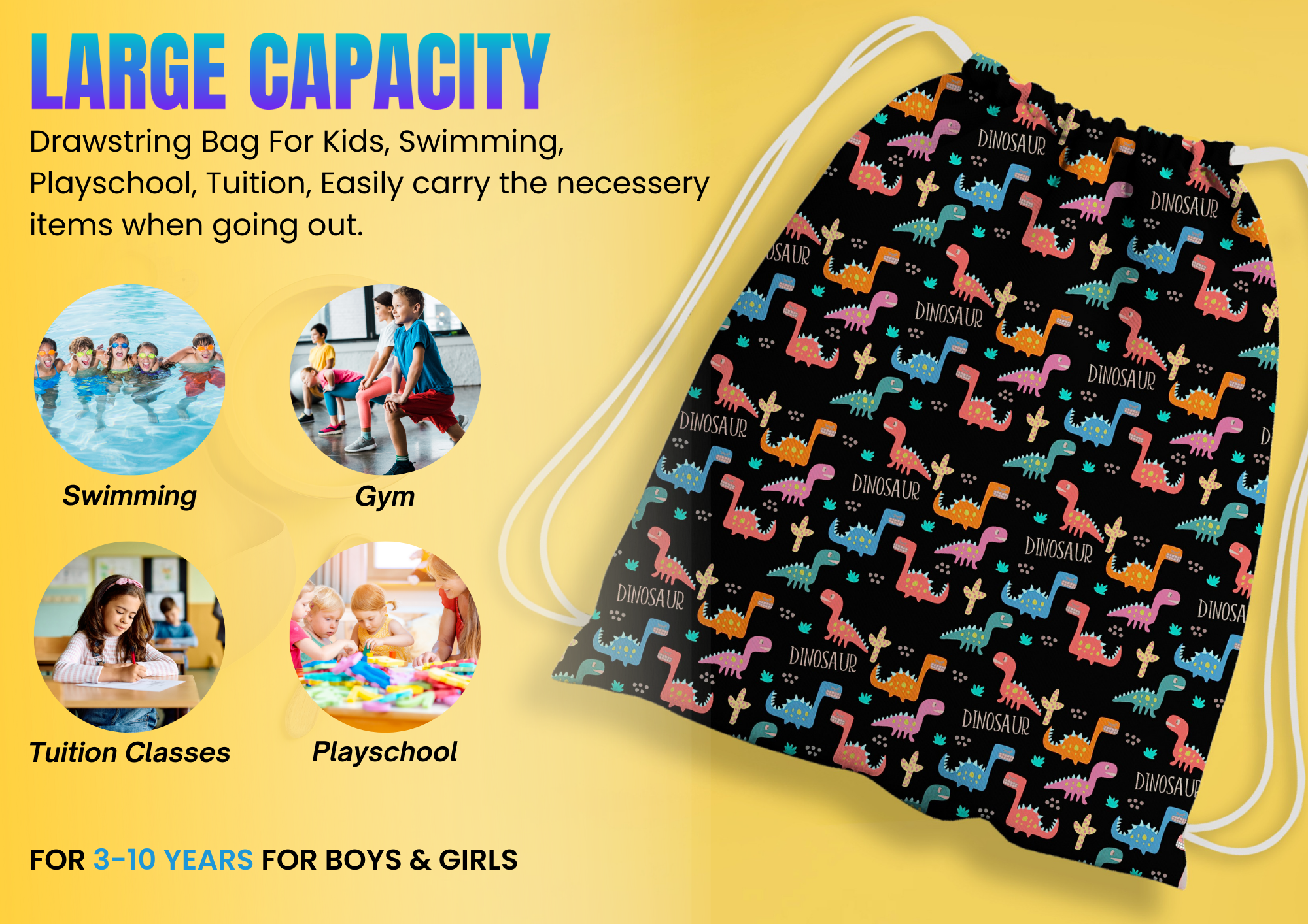 Baby of Mine Premium Waterproof Drawstring Backpack For Swimming Gym Yoga Tuition For 3-10 Years Girls And Boys - T-Rex Print