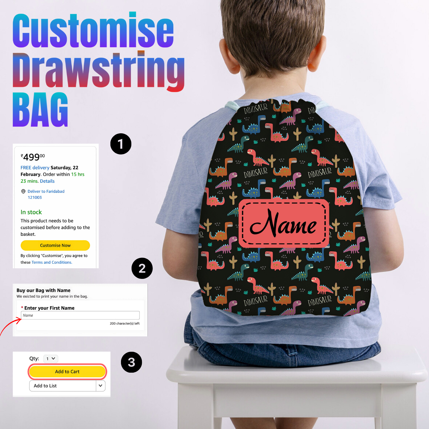 Baby of Mine Premium Waterproof Drawstring Backpack For Swimming Gym Yoga Tuition For 3-10 Years Girls And Boys - T-Rex Print