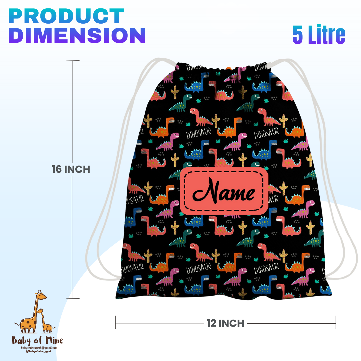 Baby of Mine Premium Waterproof Drawstring Backpack For Swimming Gym Yoga Tuition For 3-10 Years Girls And Boys - T-Rex Print