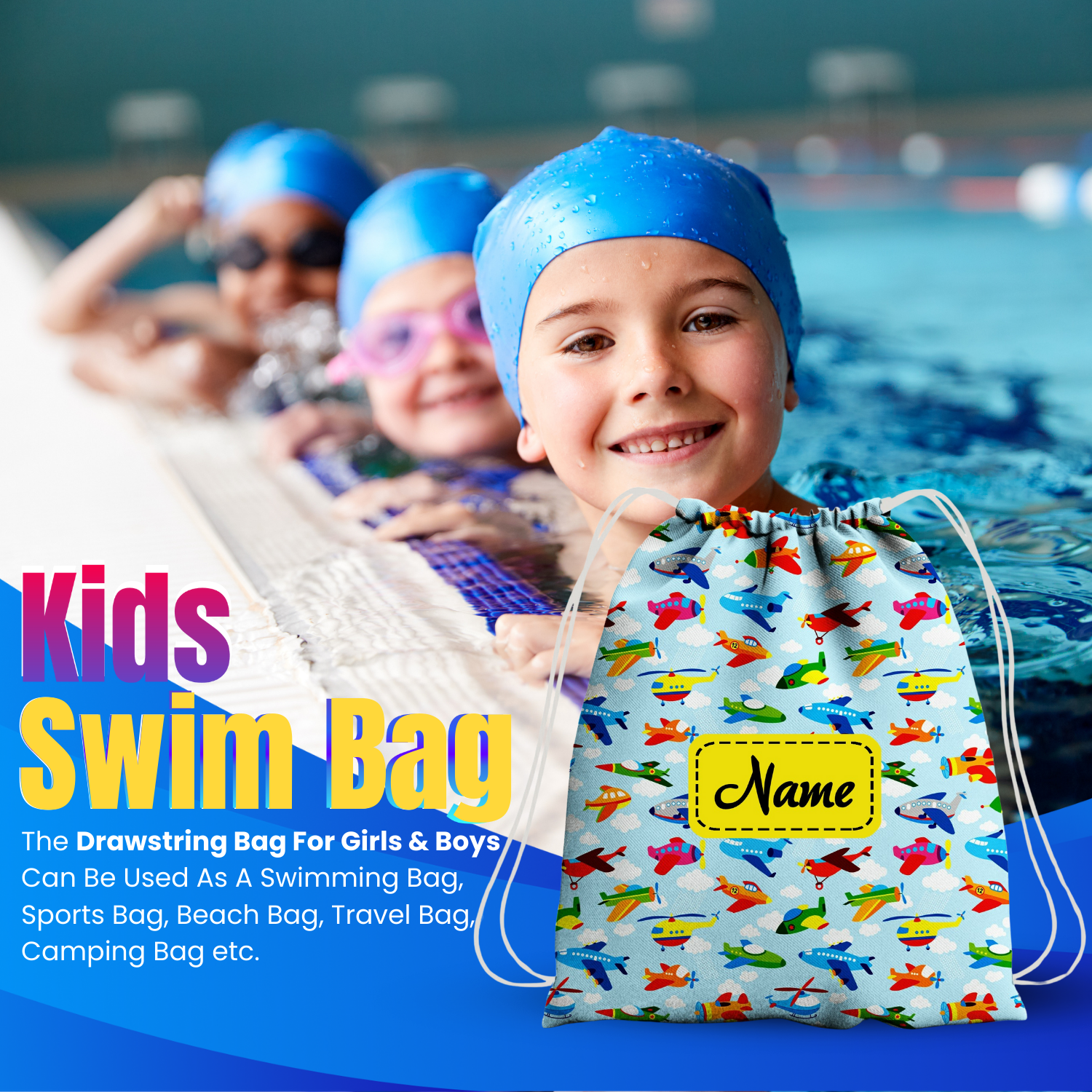 Baby of Mine Premium Waterproof Drawstring Backpack For Swimming Gym Yoga Tuition For 3-10 Years Girls And Boys - Sky Traffic Print