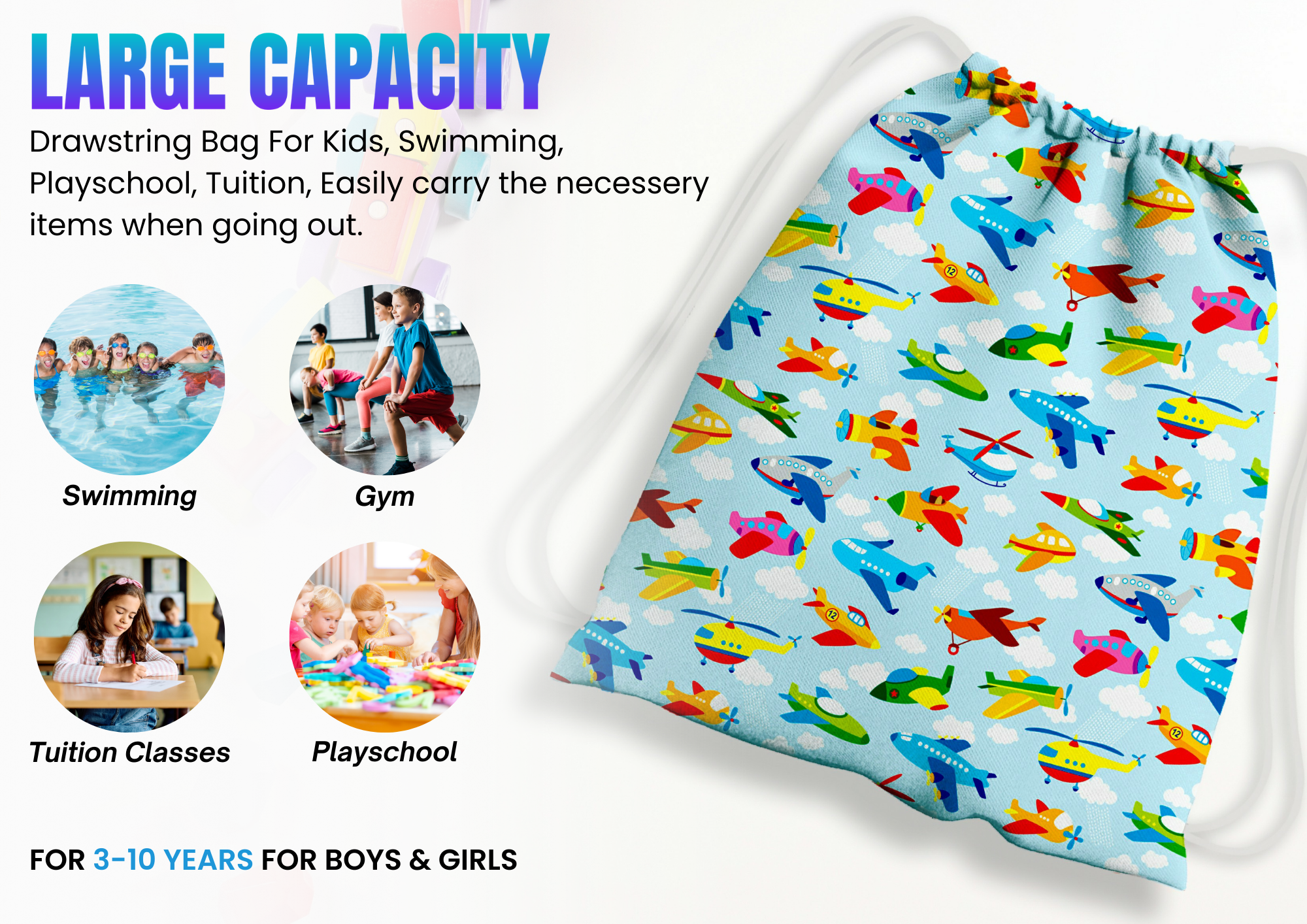 Baby of Mine Premium Waterproof Drawstring Backpack For Swimming Gym Yoga Tuition For 3-10 Years Girls And Boys - Sky Traffic Print