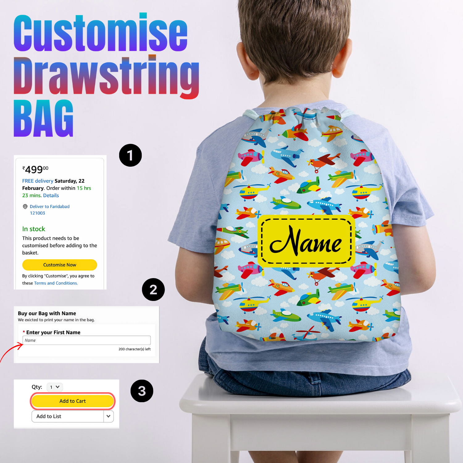 Baby of Mine Premium Waterproof Drawstring Backpack For Swimming Gym Yoga Tuition For 3-10 Years Girls And Boys - Sky Traffic Print