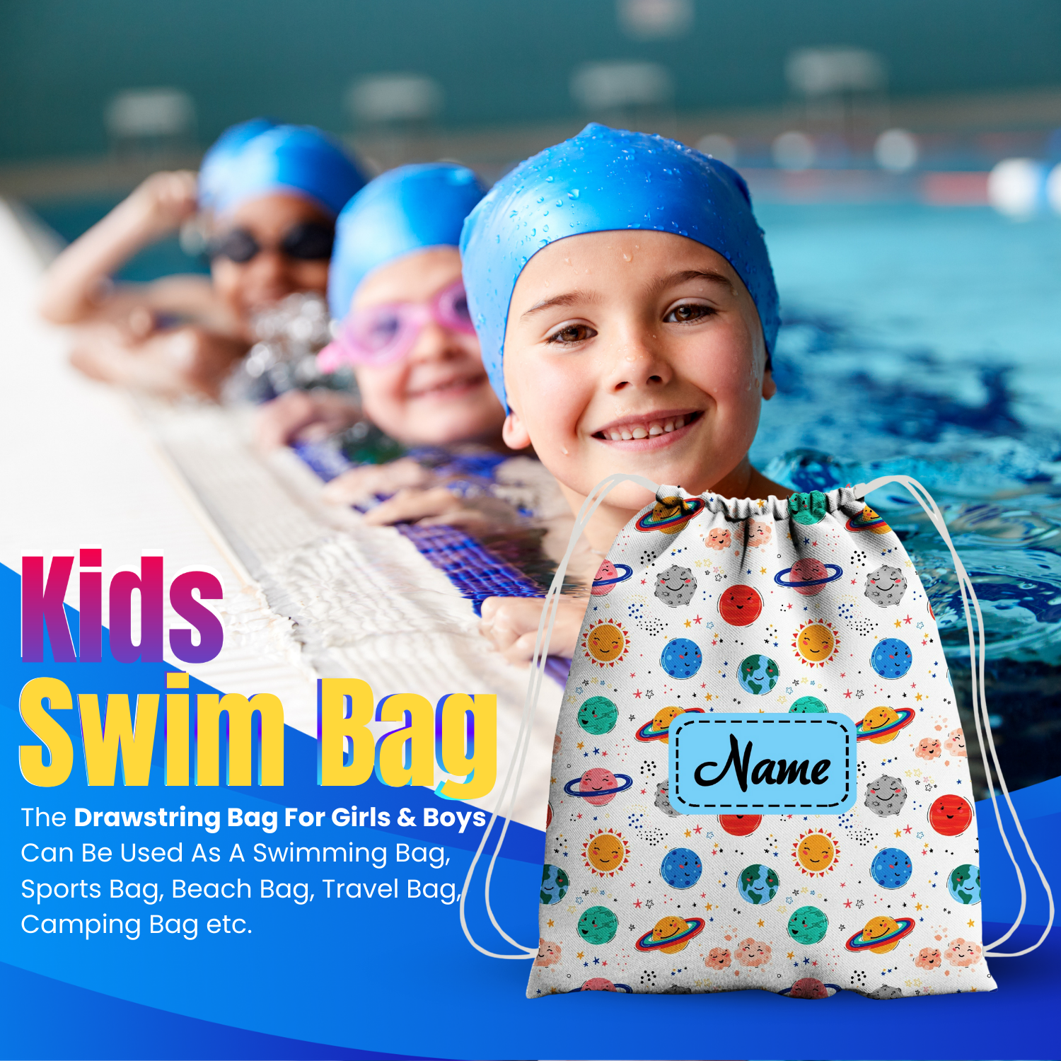 Baby of Mine Premium Waterproof Drawstring Backpack For Swimming Gym Yoga Tuition For 3-10 Years Girls And Boys - Galaxy Print