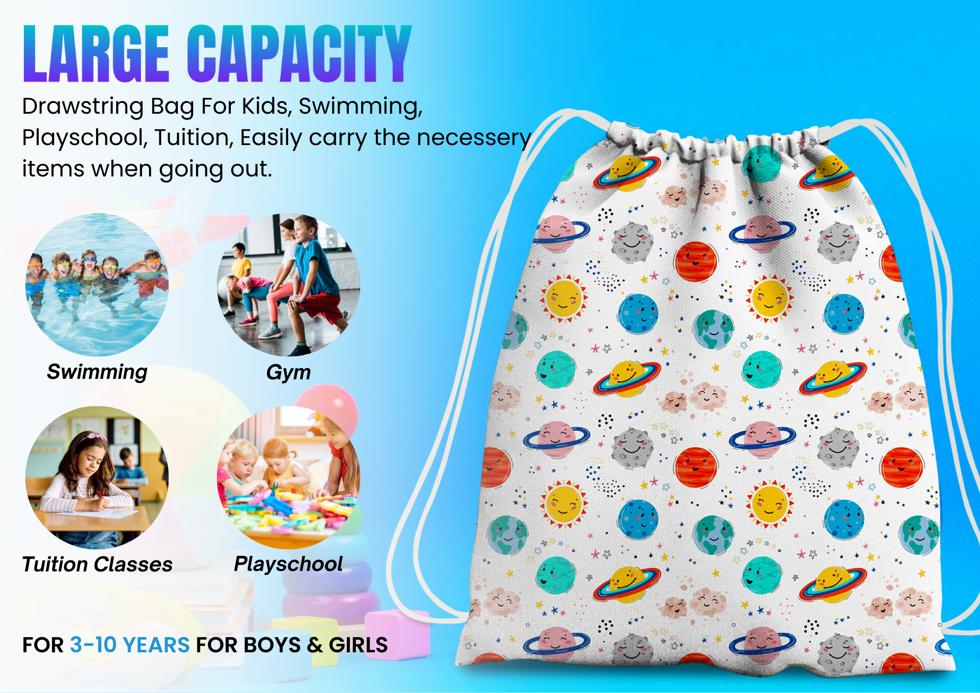 Baby of Mine Premium Waterproof Drawstring Backpack For Swimming Gym Yoga Tuition For 3-10 Years Girls And Boys - Galaxy Print