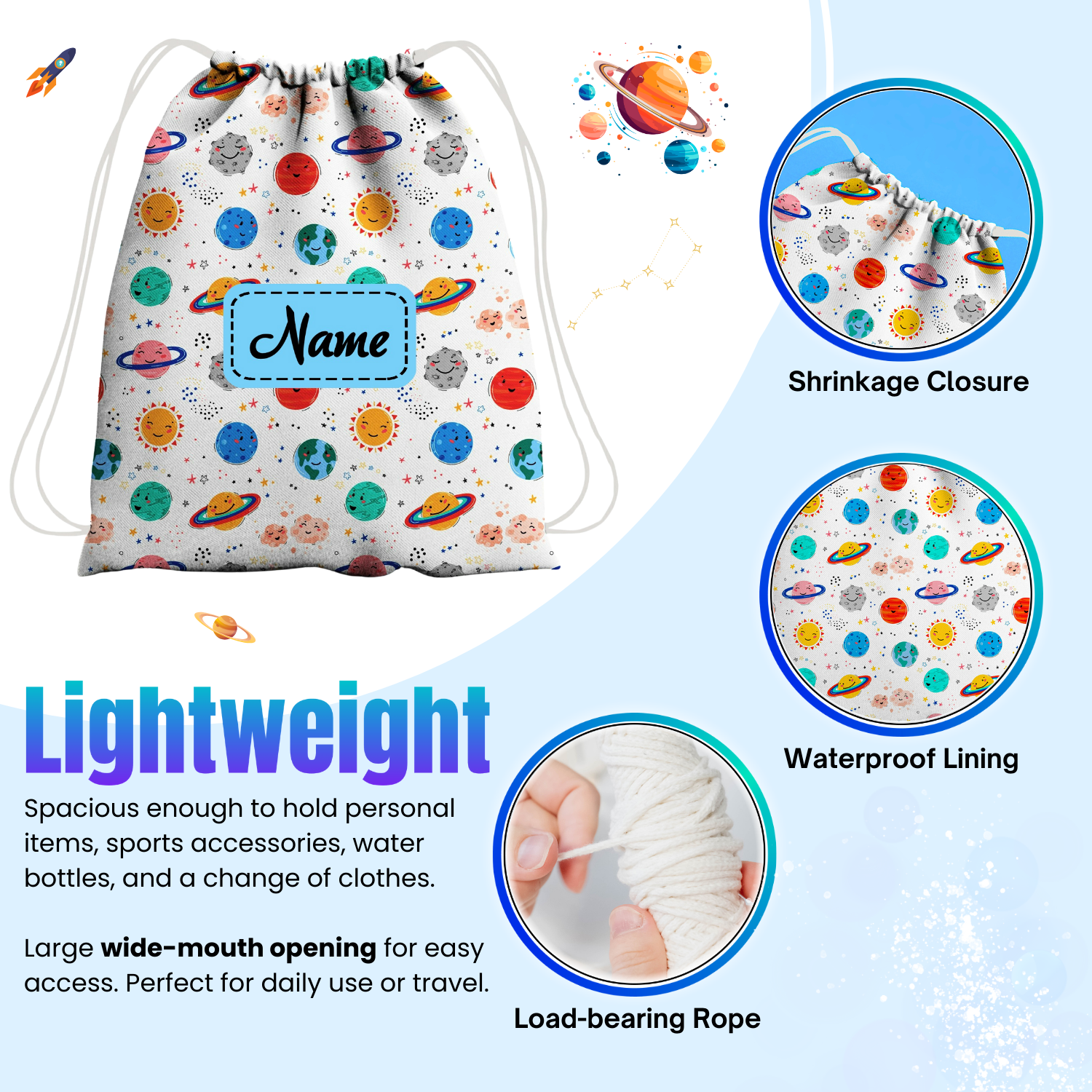 Baby of Mine Premium Waterproof Drawstring Backpack For Swimming Gym Yoga Tuition For 3-10 Years Girls And Boys - Galaxy Print