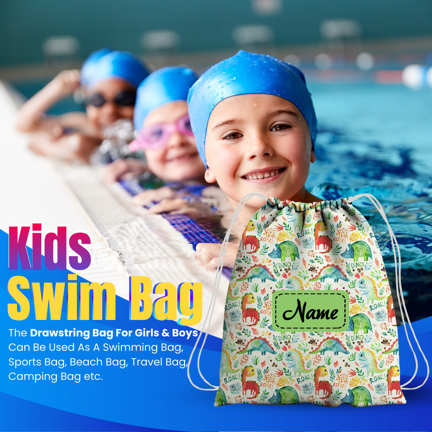 Baby of Mine Premium Waterproof Drawstring Backpack For Swimming Gym Yoga Tuition For 3-10 Years Girls And Boys - Dino Roar Print