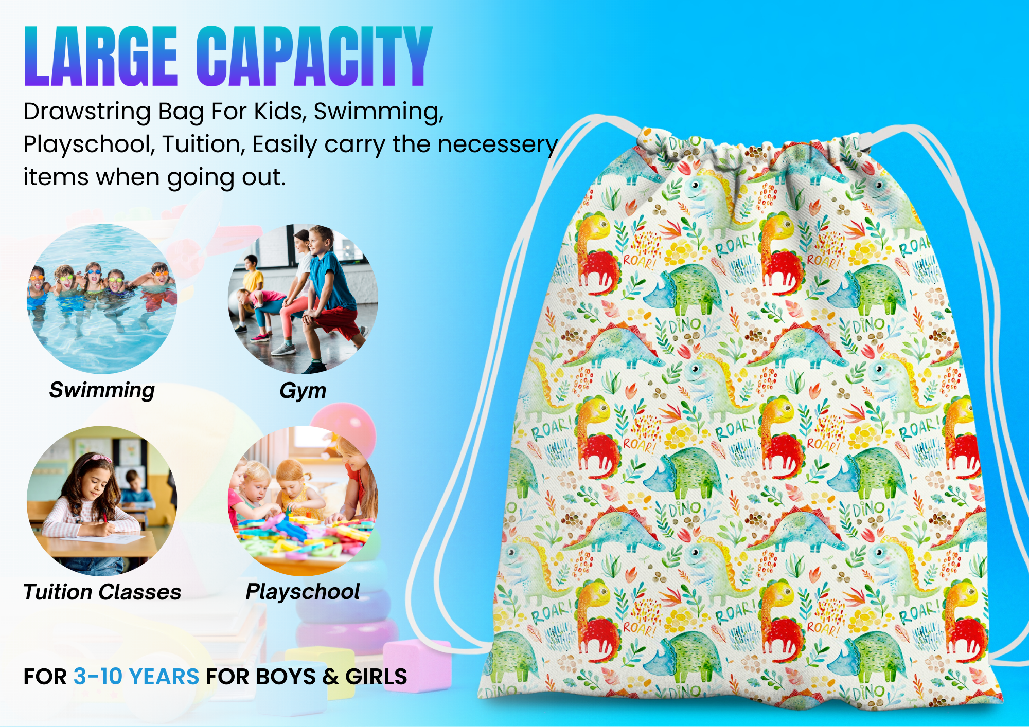 Baby of Mine Premium Waterproof Drawstring Backpack For Swimming Gym Yoga Tuition For 3-10 Years Girls And Boys - Dino Roar Print