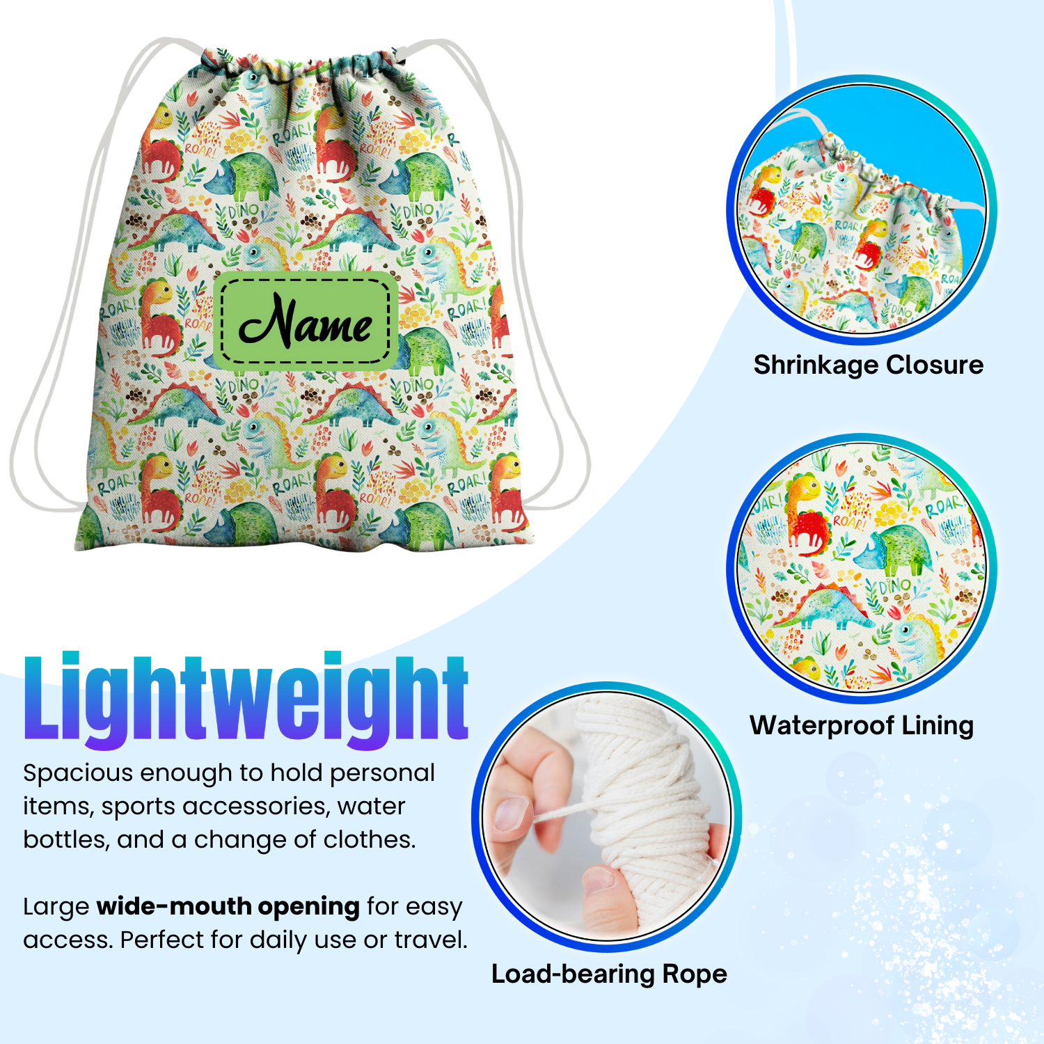 Baby of Mine Premium Waterproof Drawstring Backpack For Swimming Gym Yoga Tuition For 3-10 Years Girls And Boys - Dino Roar Print