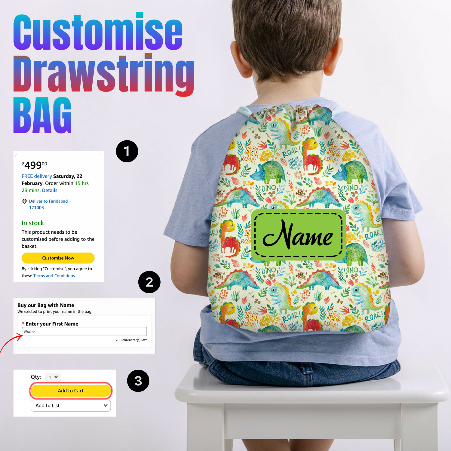 Baby of Mine Premium Waterproof Drawstring Backpack For Swimming Gym Yoga Tuition For 3-10 Years Girls And Boys - Dino Roar Print