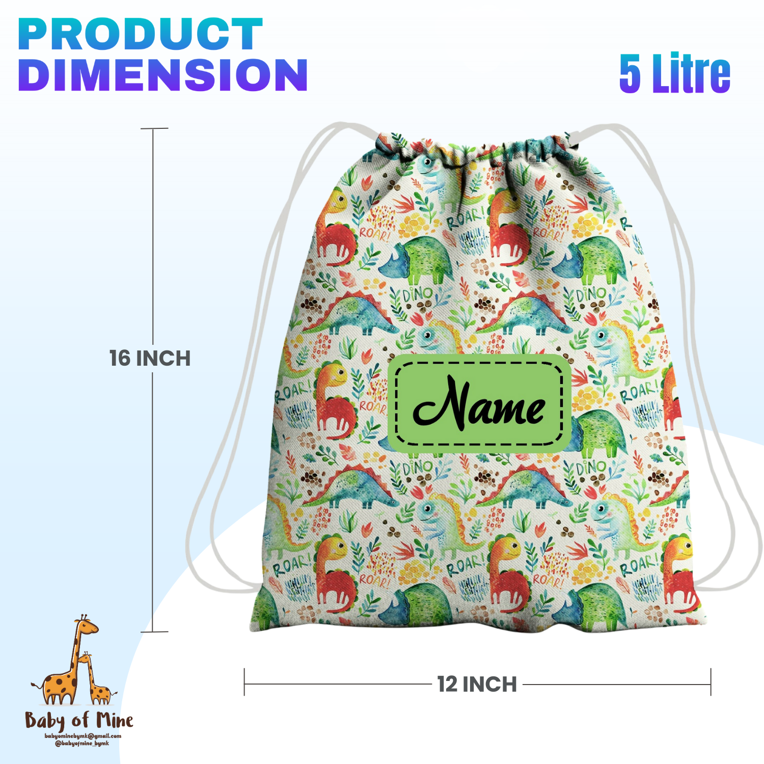Baby of Mine Premium Waterproof Drawstring Backpack For Swimming Gym Yoga Tuition For 3-10 Years Girls And Boys - Dino Roar Print