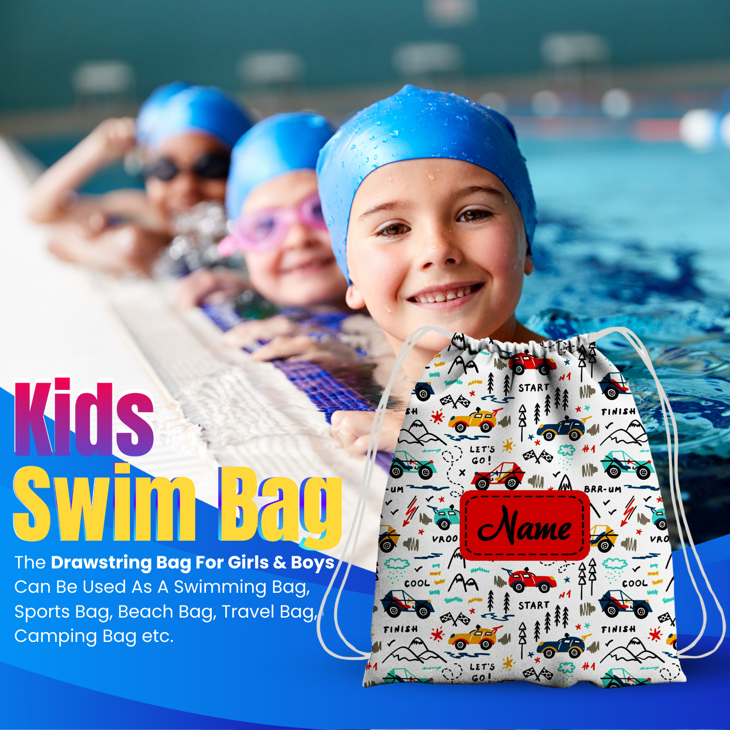 Baby of Mine Premium Waterproof Drawstring Backpack For Swimming Gym Yoga Tuition For 3-10 Years Girls And Boys - Vroom Cars Print