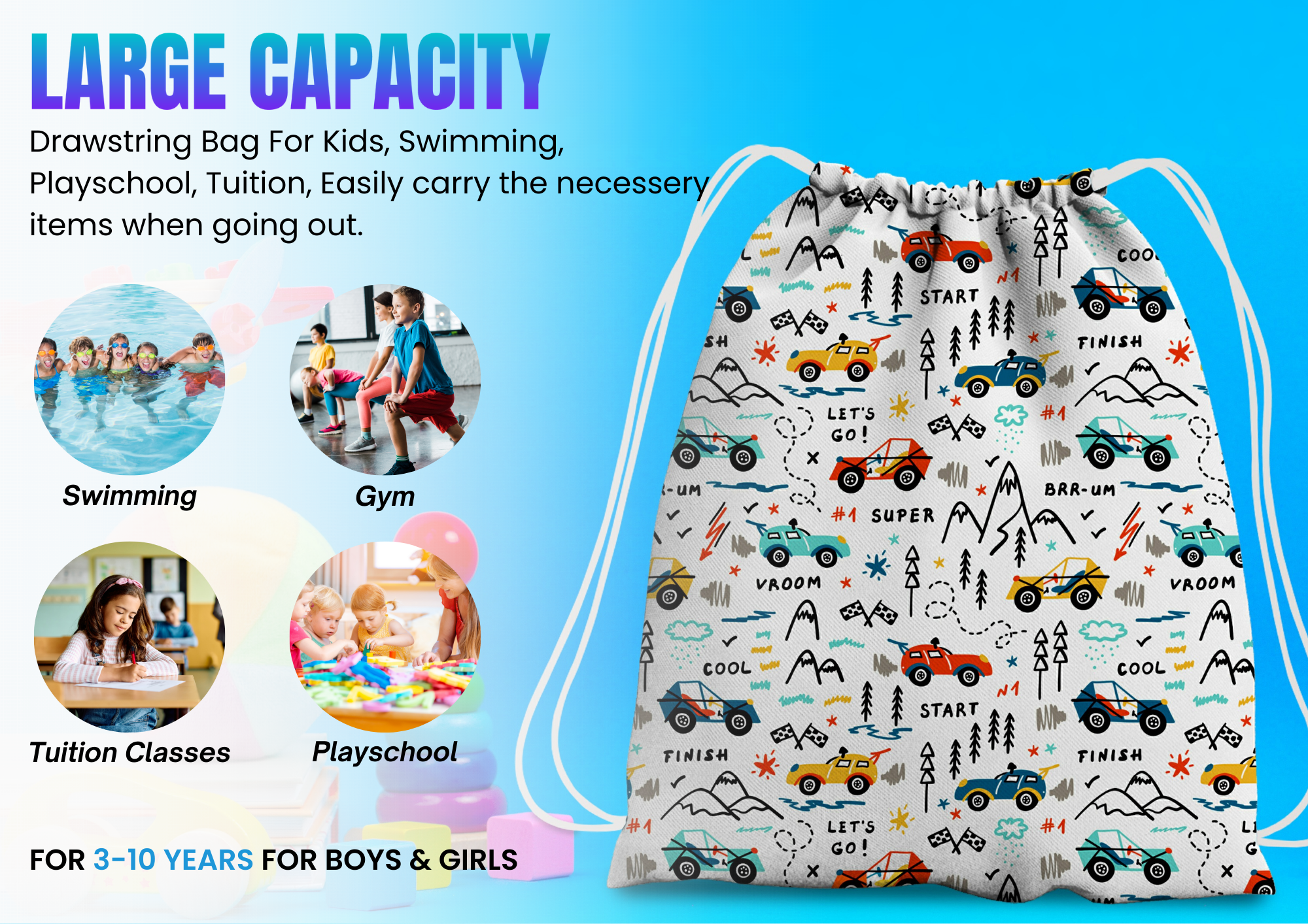 Baby of Mine Premium Waterproof Drawstring Backpack For Swimming Gym Yoga Tuition For 3-10 Years Girls And Boys - Vroom Cars Print