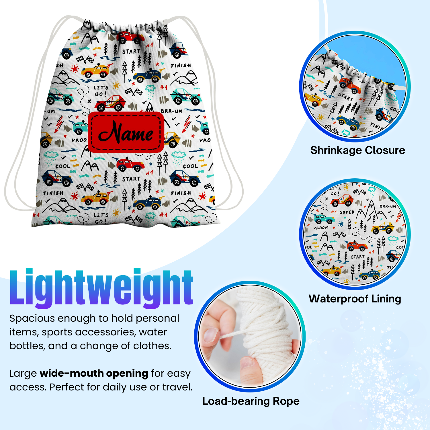 Baby of Mine Premium Waterproof Drawstring Backpack For Swimming Gym Yoga Tuition For 3-10 Years Girls And Boys - Vroom Cars Print