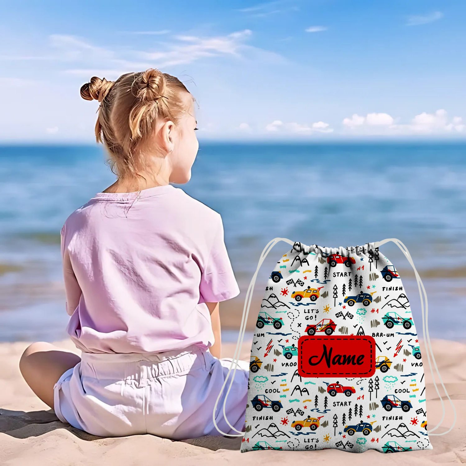 Baby of Mine Premium Waterproof Drawstring Backpack For Swimming Gym Yoga Tuition For 3-10 Years Girls And Boys - Vroom Cars Print