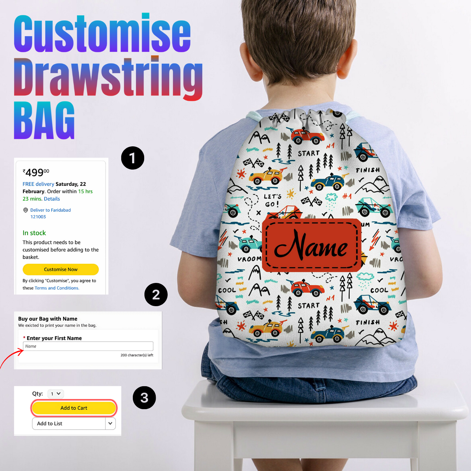 Baby of Mine Premium Waterproof Drawstring Backpack For Swimming Gym Yoga Tuition For 3-10 Years Girls And Boys - Vroom Cars Print