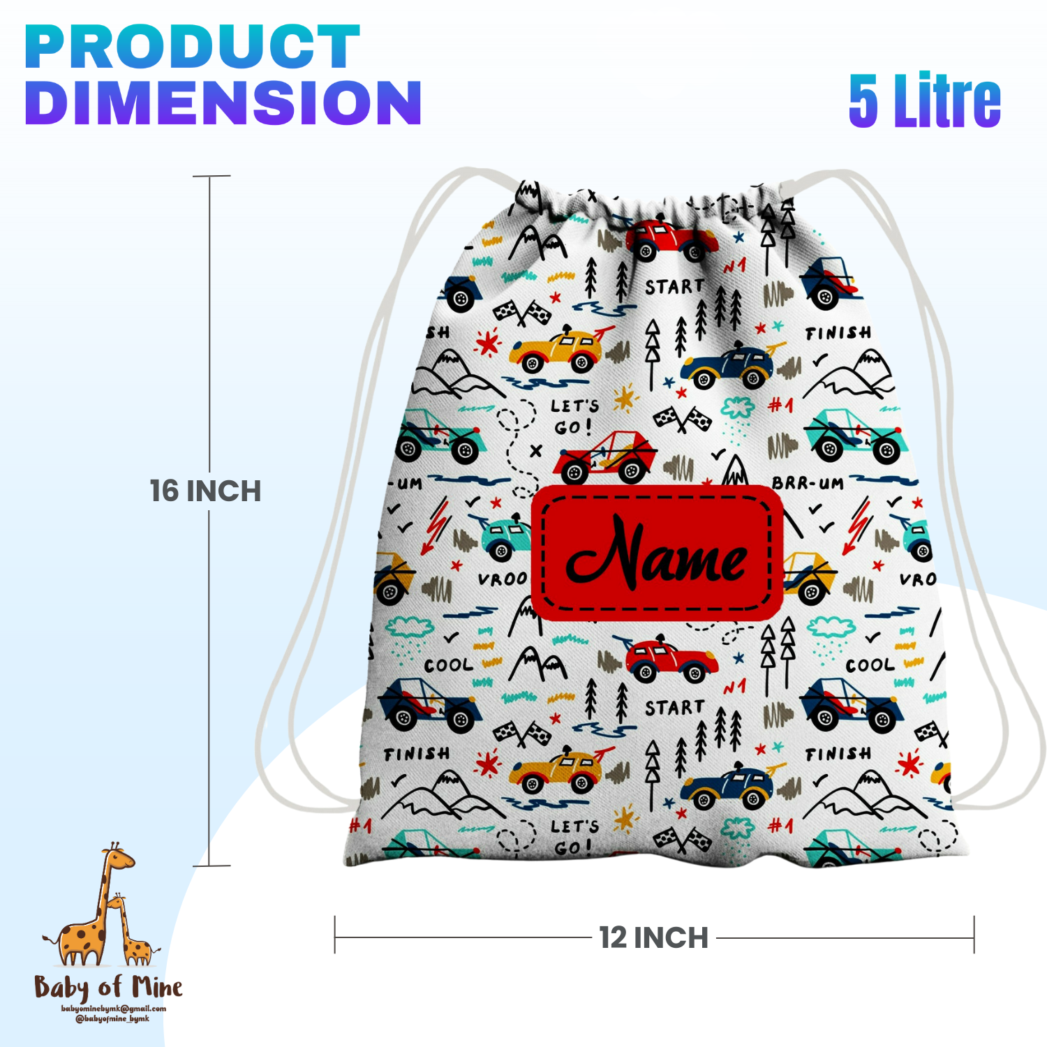 Baby of Mine Premium Waterproof Drawstring Backpack For Swimming Gym Yoga Tuition For 3-10 Years Girls And Boys - Vroom Cars Print