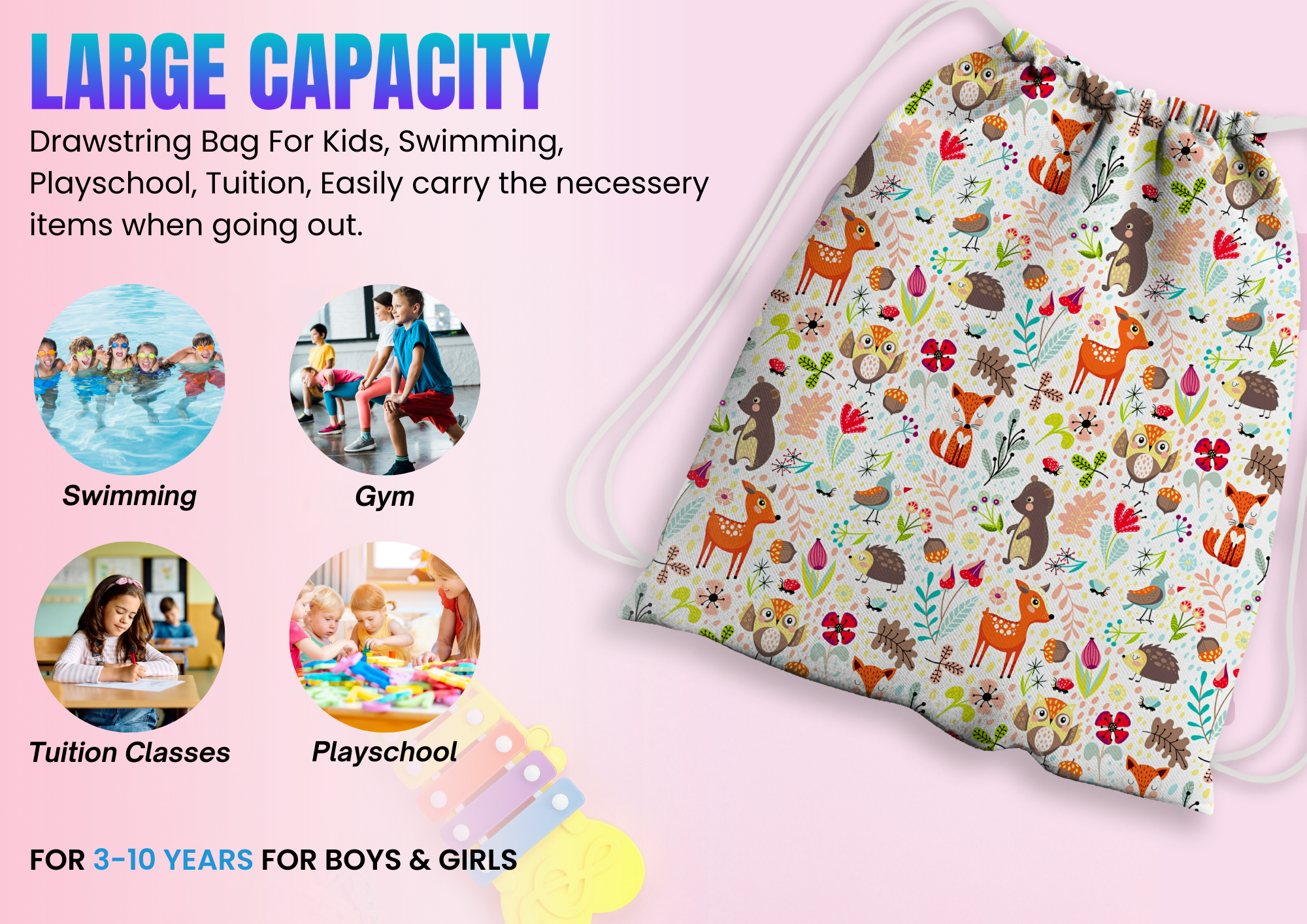 Baby of Mine Premium Waterproof Drawstring Backpack For Swimming Gym Yoga Tuition For 3-10 Years Girls And Boys - Forest Garden Print