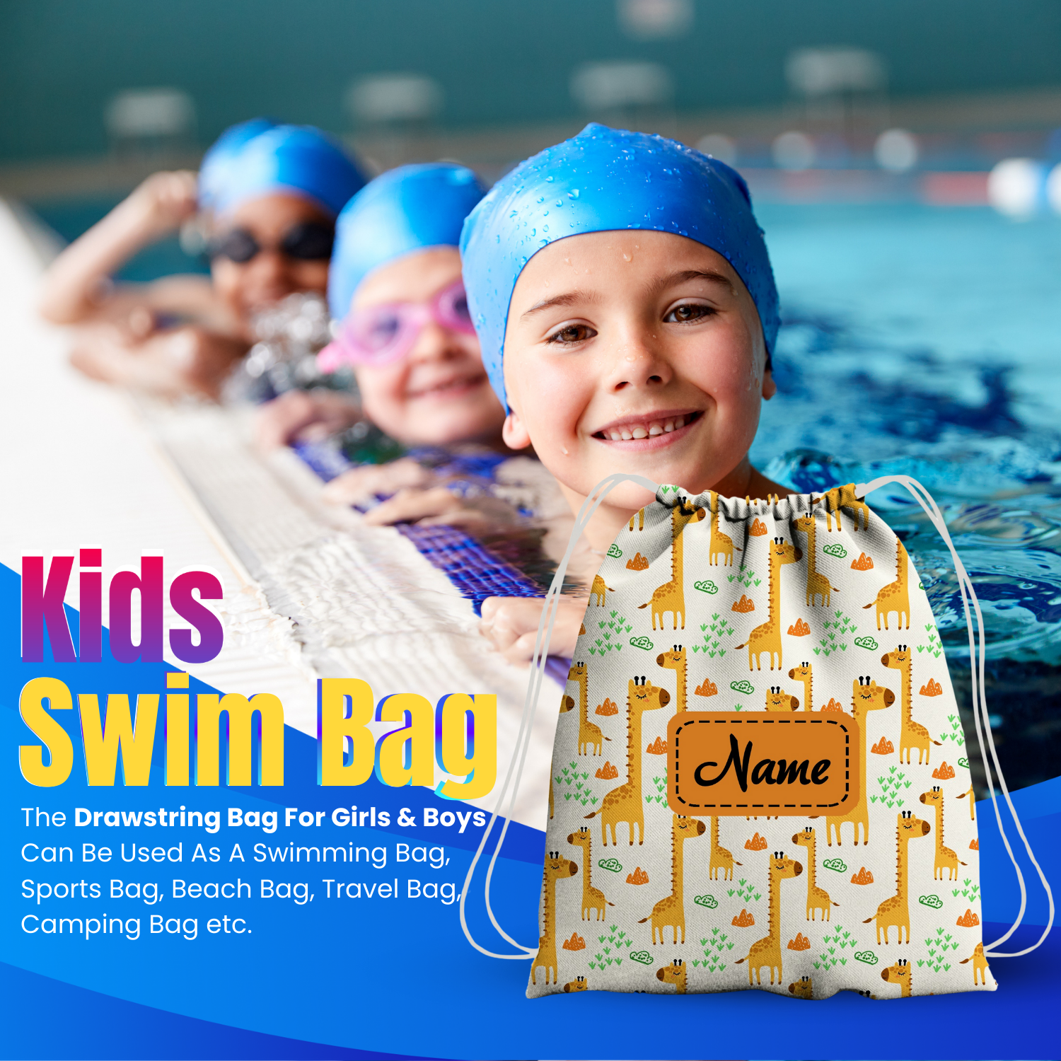 Baby of Mine Premium Waterproof Drawstring Backpack For Swimming Gym Yoga Tuition For 3-10 Years Girls And Boys - Giraffe Print