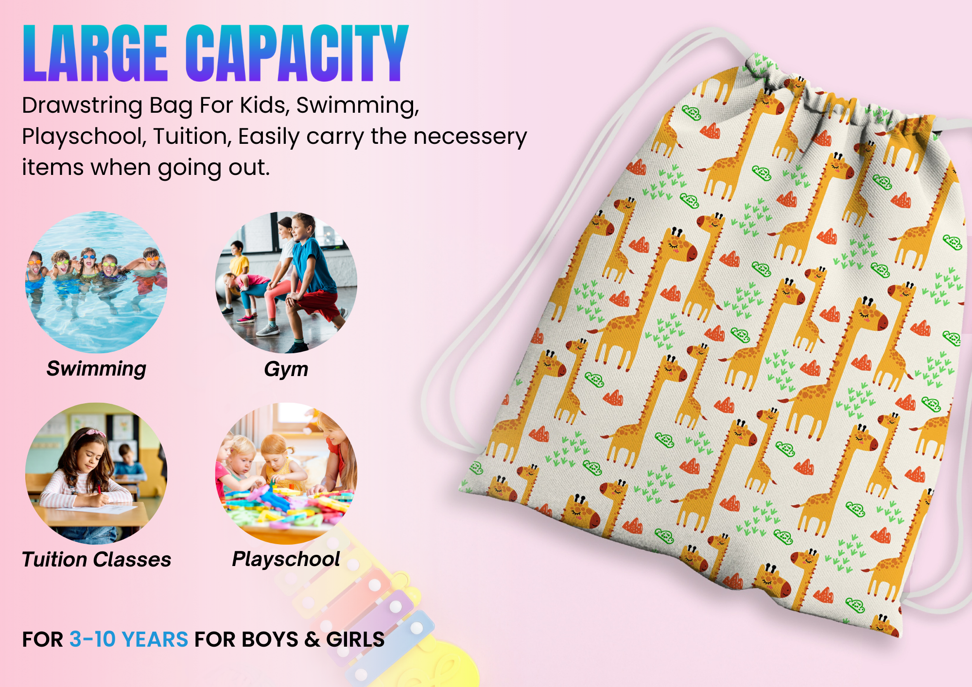 Baby of Mine Premium Waterproof Drawstring Backpack For Swimming Gym Yoga Tuition For 3-10 Years Girls And Boys - Giraffe Print