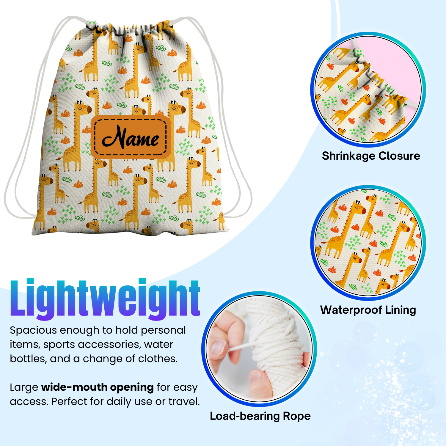 Baby of Mine Premium Waterproof Drawstring Backpack For Swimming Gym Yoga Tuition For 3-10 Years Girls And Boys - Giraffe Print