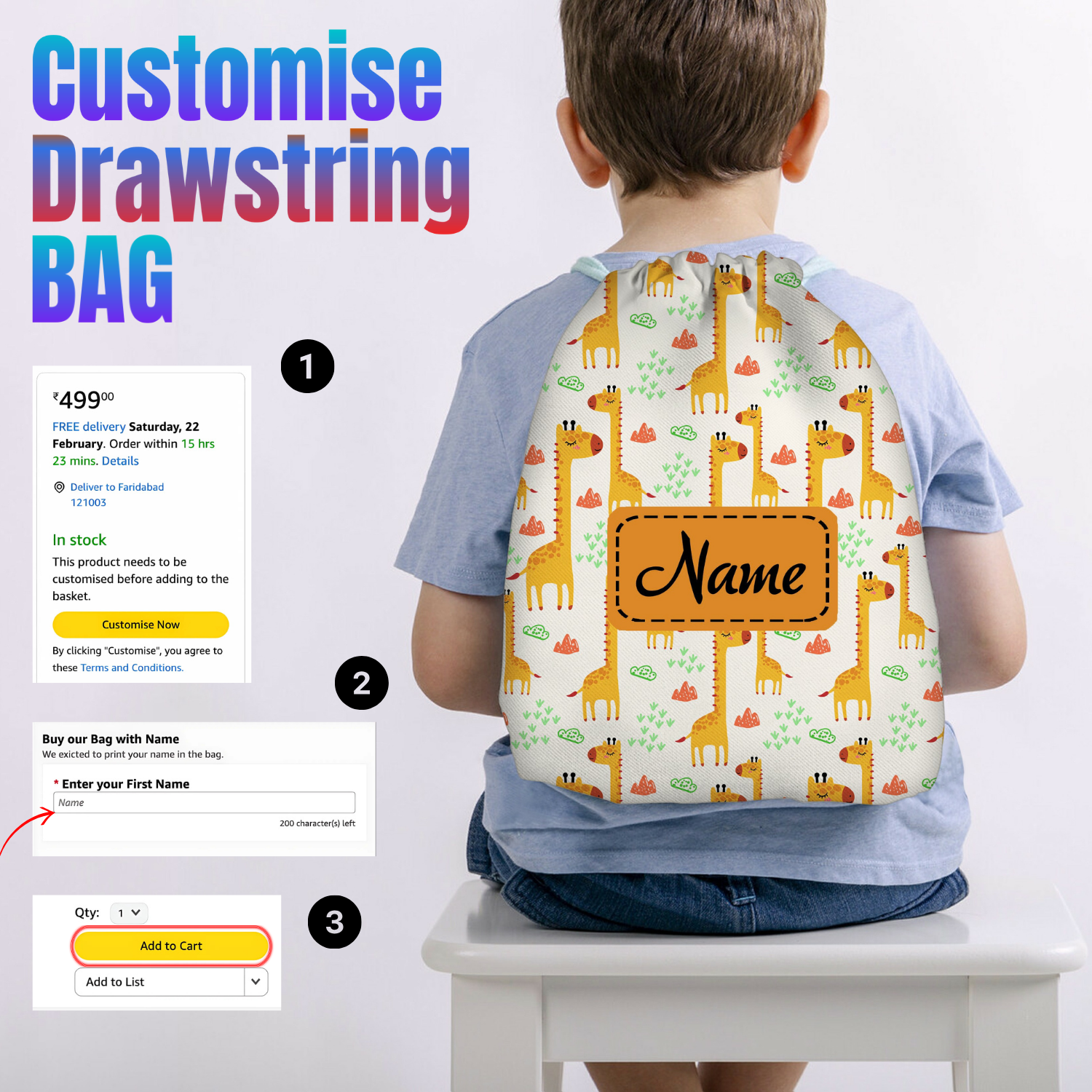 Baby of Mine Premium Waterproof Drawstring Backpack For Swimming Gym Yoga Tuition For 3-10 Years Girls And Boys - Giraffe Print