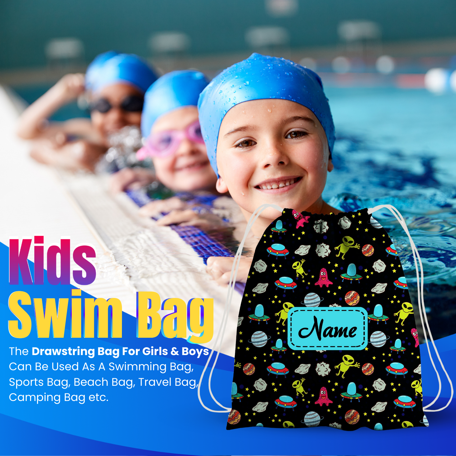 Baby of Mine Premium Waterproof Drawstring Backpack For Swimming Gym Yoga Tuition For 3-10 Years Girls And Boys - Alien Print