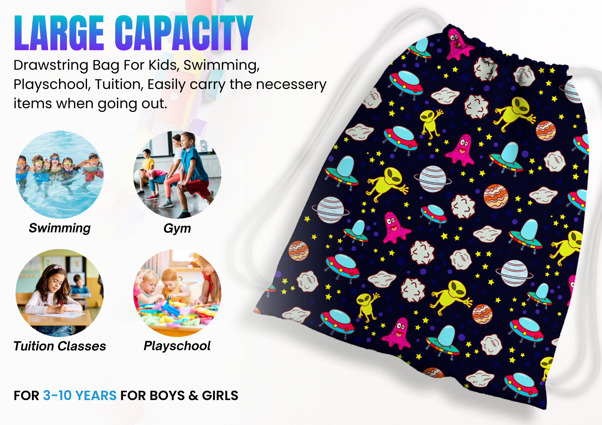 Baby of Mine Premium Waterproof Drawstring Backpack For Swimming Gym Yoga Tuition For 3-10 Years Girls And Boys - Alien Print