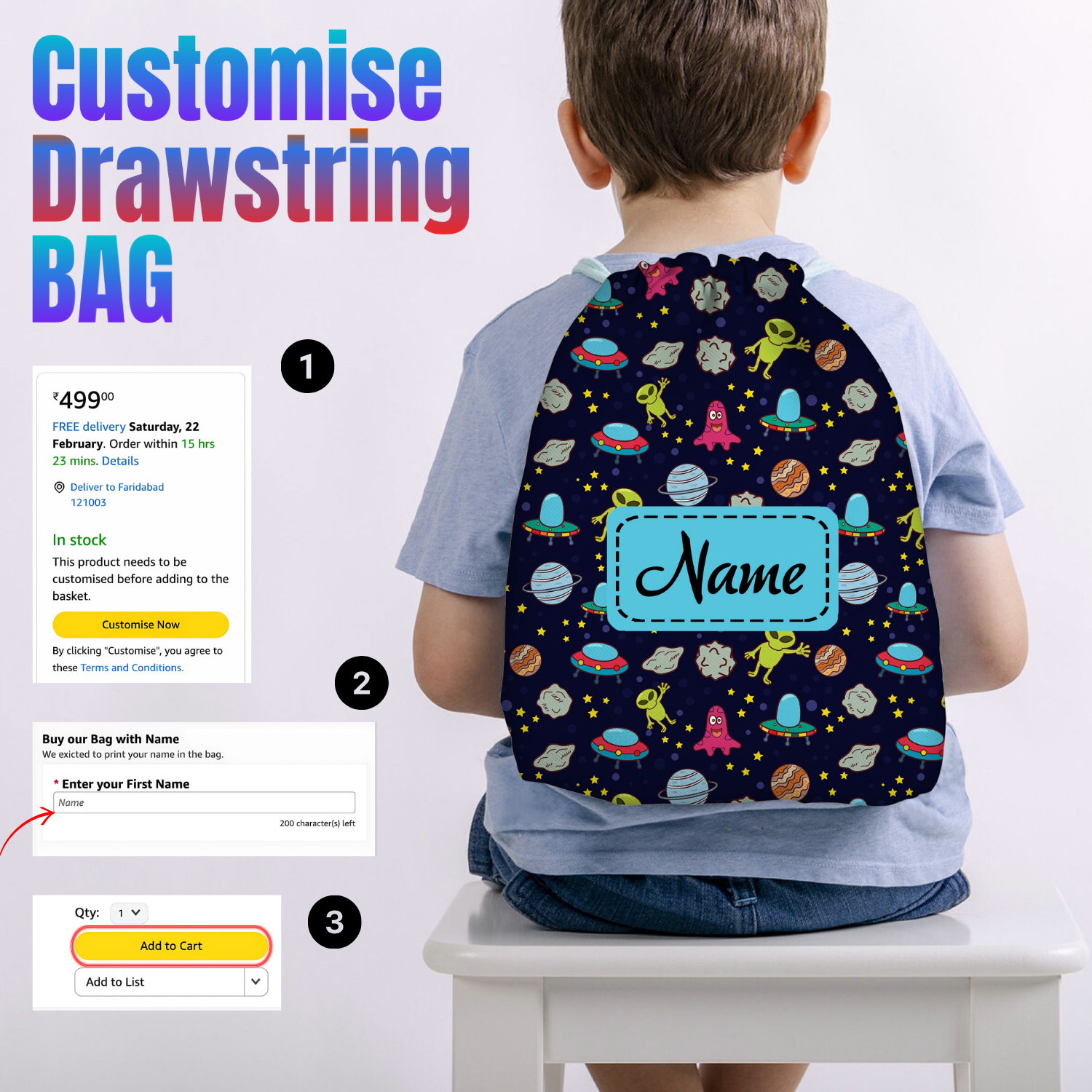 Baby of Mine Premium Waterproof Drawstring Backpack For Swimming Gym Yoga Tuition For 3-10 Years Girls And Boys - Alien Print